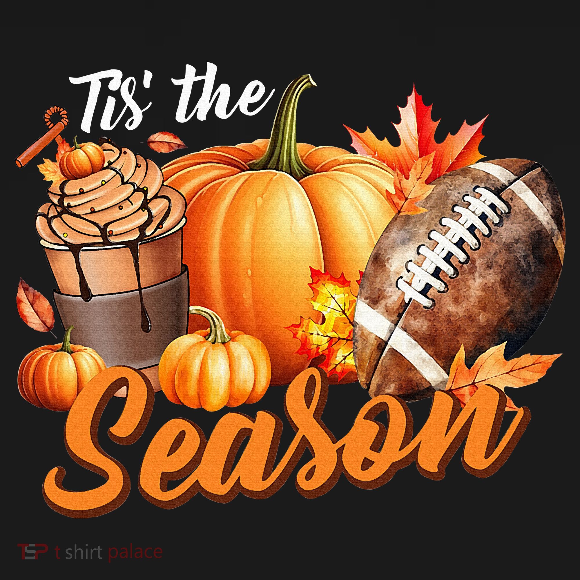 TIS THE SEASON Pumpkin Leaf Latte Fall Thanksgiving Football Women's T-Shirt