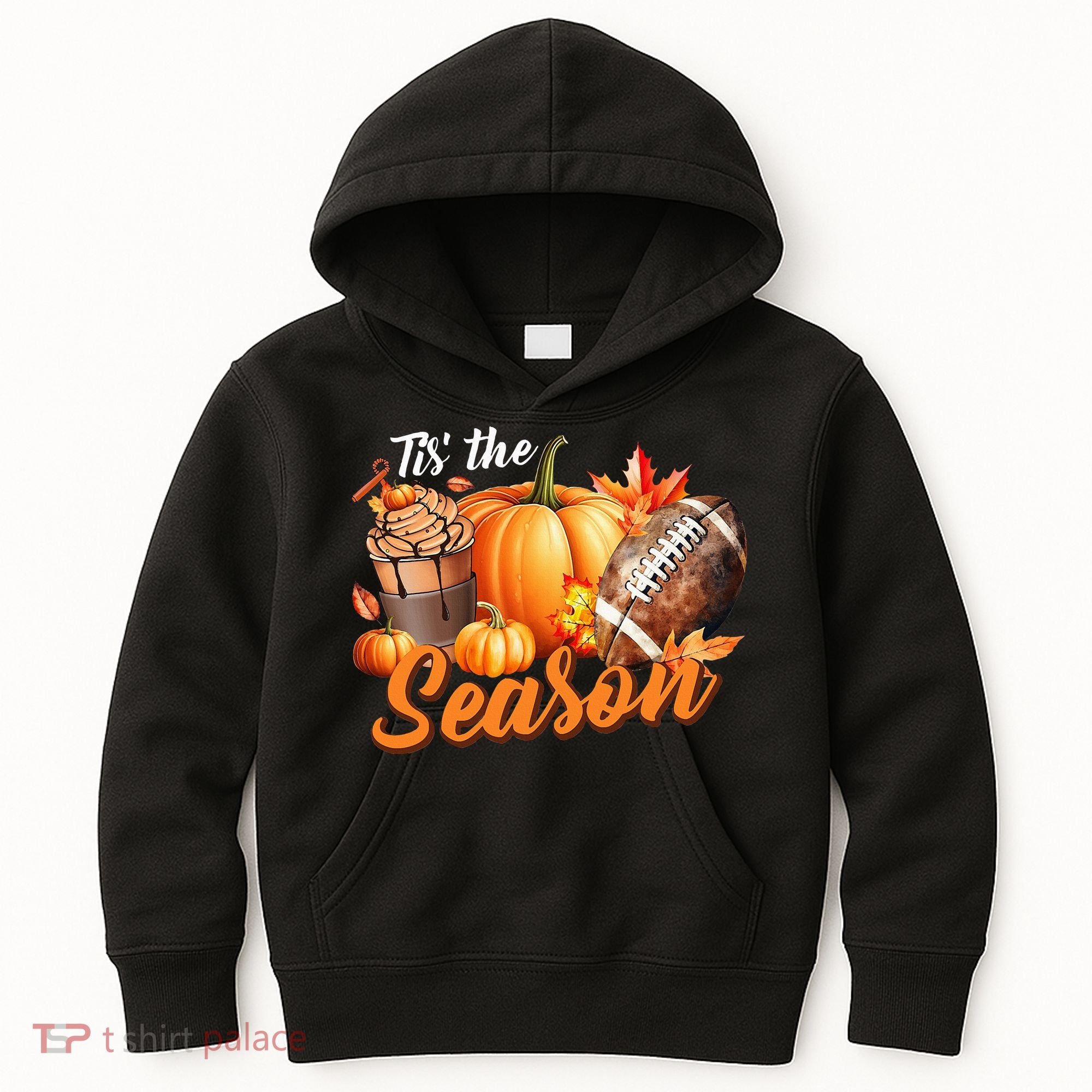 TIS THE SEASON Pumpkin Leaf Latte Fall Thanksgiving Football Kids Hoodie