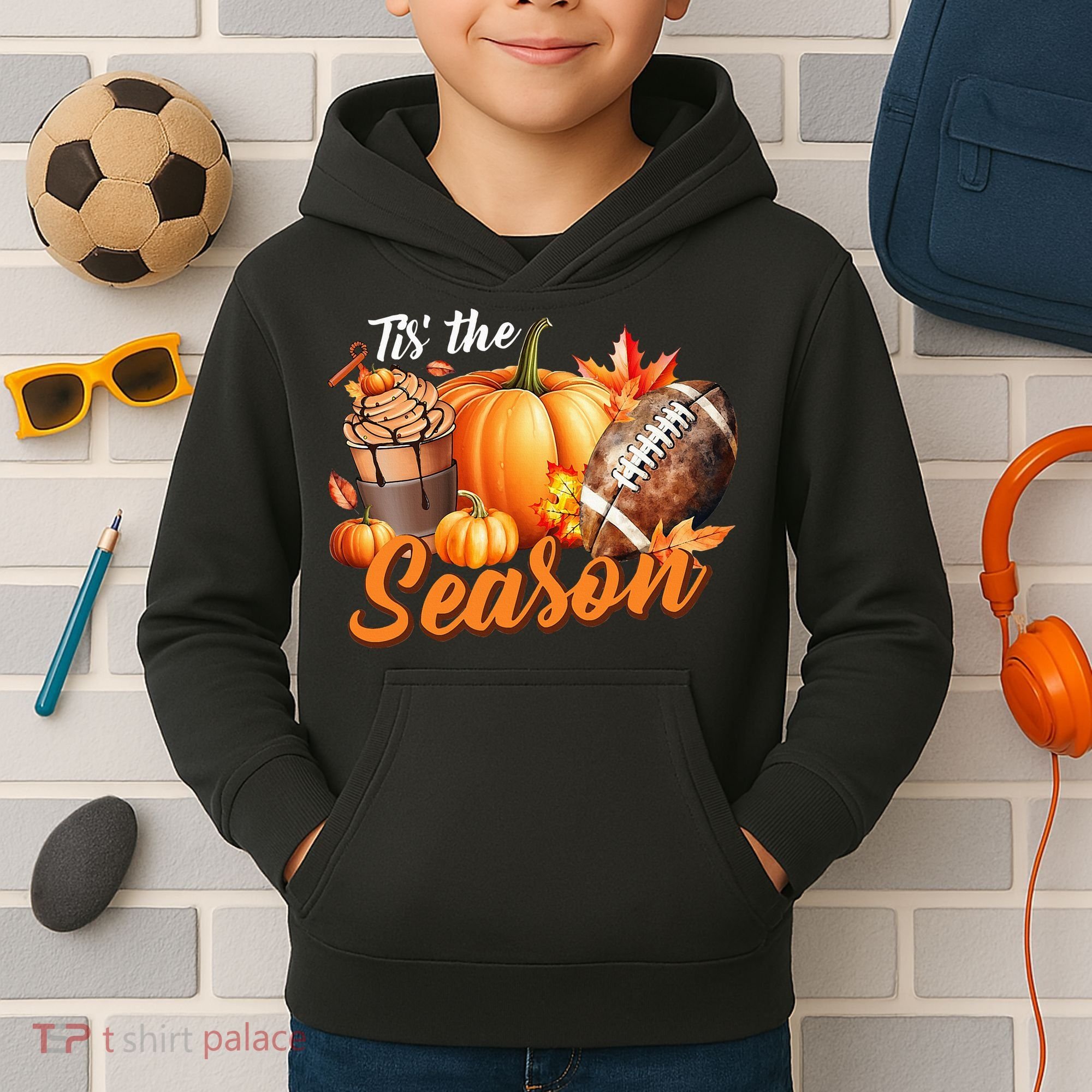 TIS THE SEASON Pumpkin Leaf Latte Fall Thanksgiving Football Kids Hoodie