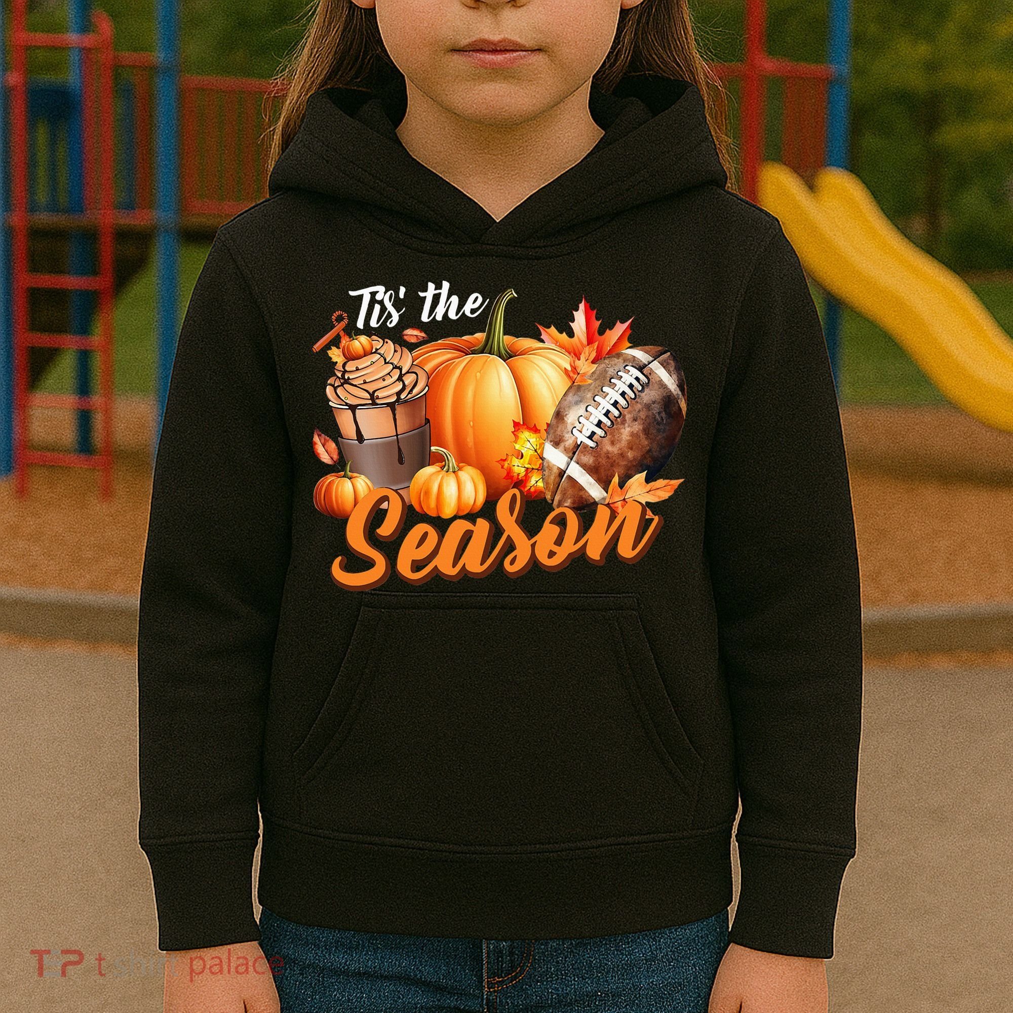 TIS THE SEASON Pumpkin Leaf Latte Fall Thanksgiving Football Kids Hoodie