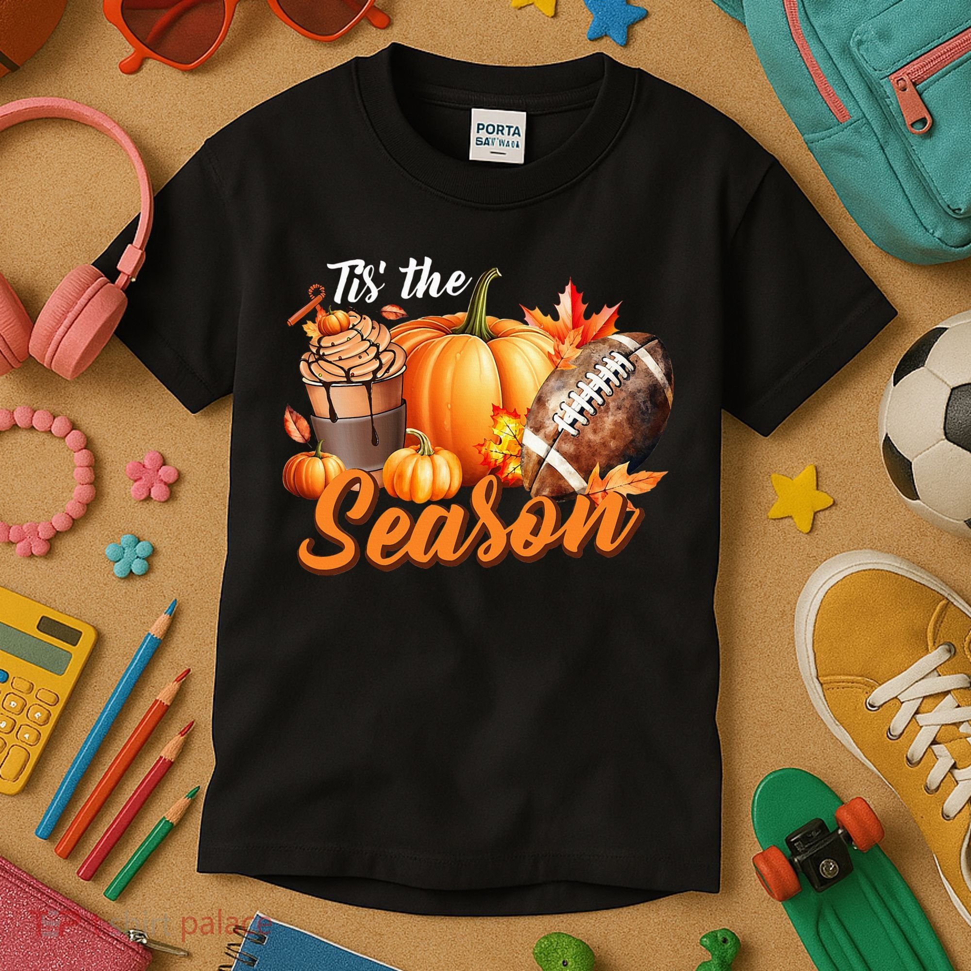 TIS THE SEASON Pumpkin Leaf Latte Fall Thanksgiving Football Kids T-Shirt