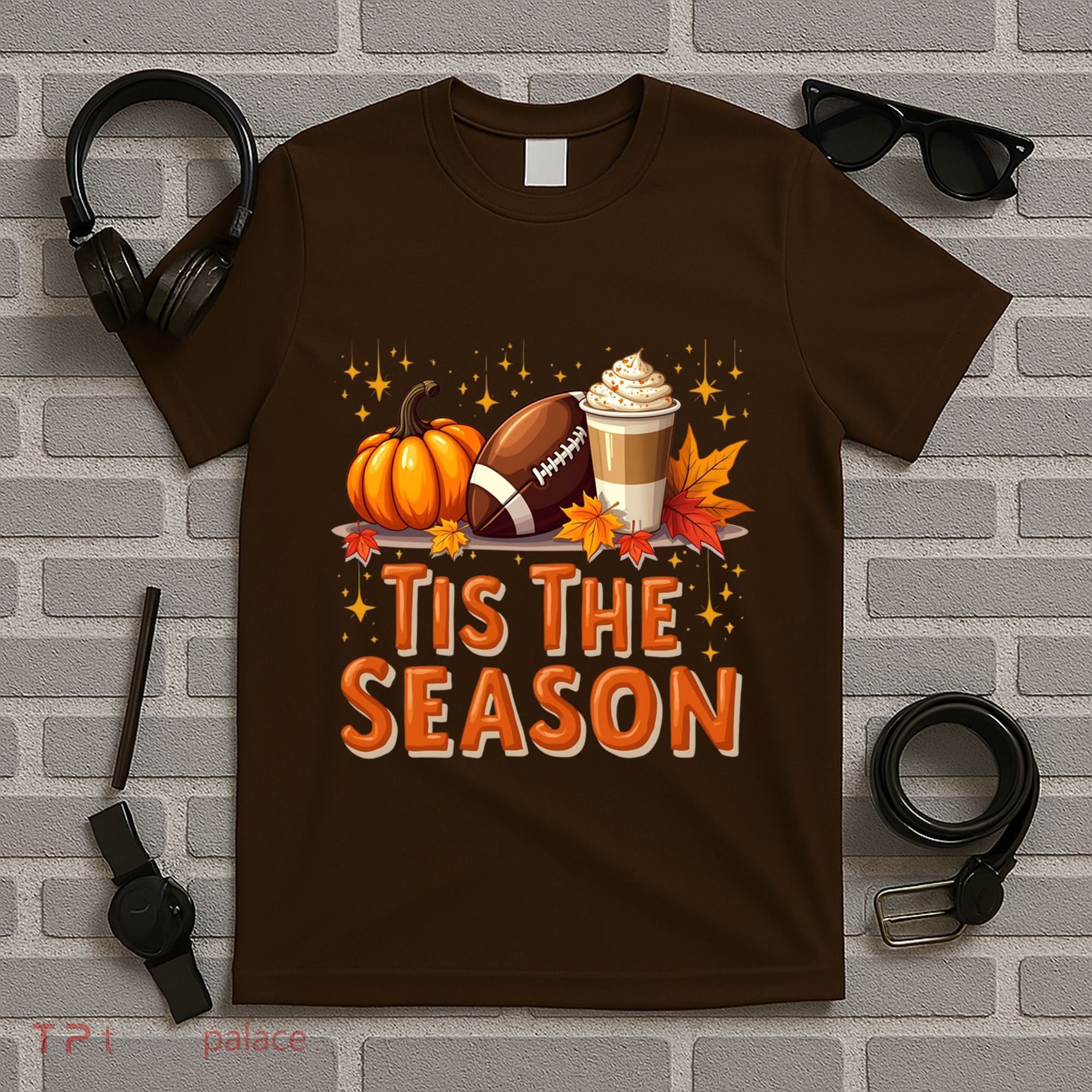 Tis The Season Fall Autumn Football Pumpkin Coffee Leaves Funny Gift T-Shirt