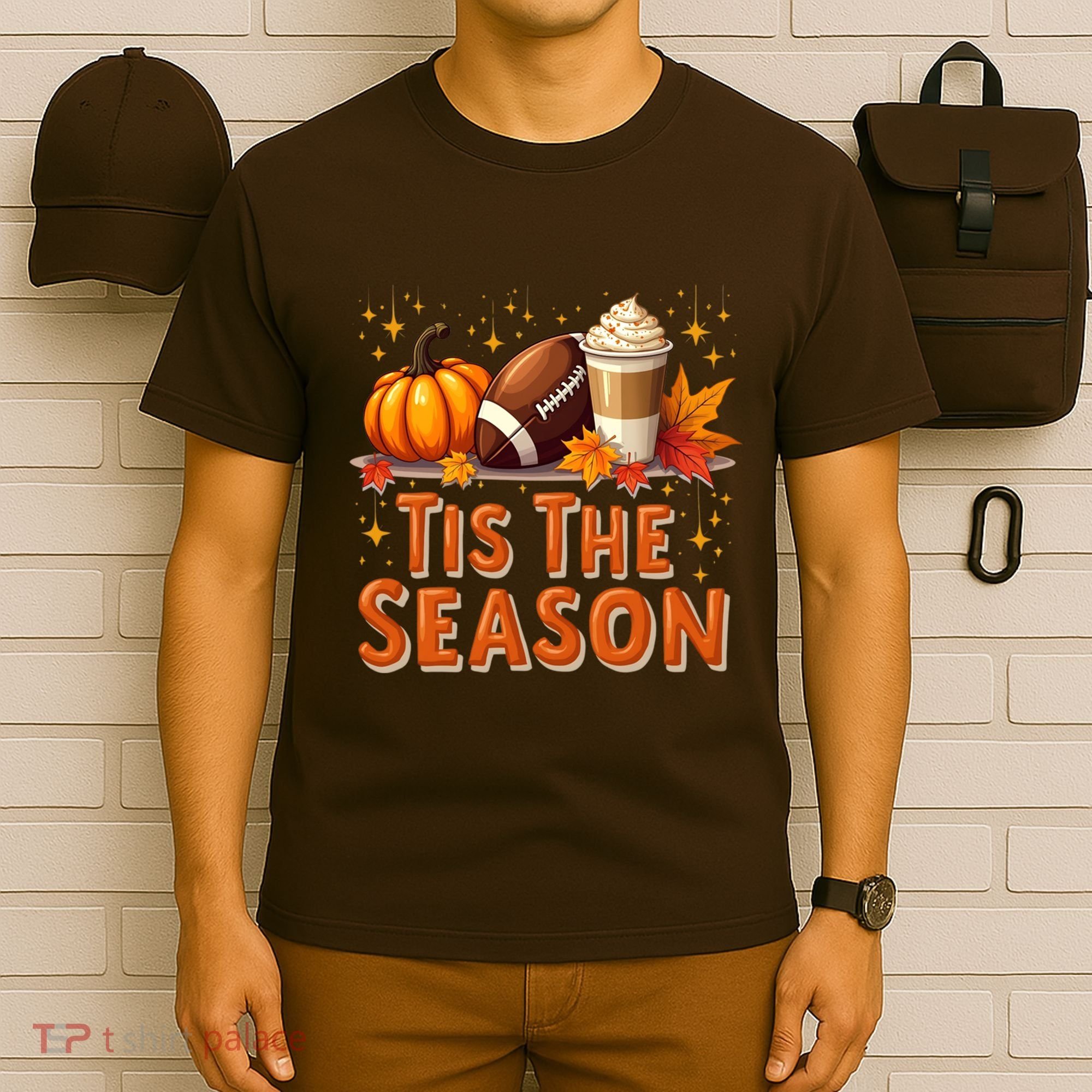 Tis The Season Fall Autumn Football Pumpkin Coffee Leaves Funny Gift T-Shirt
