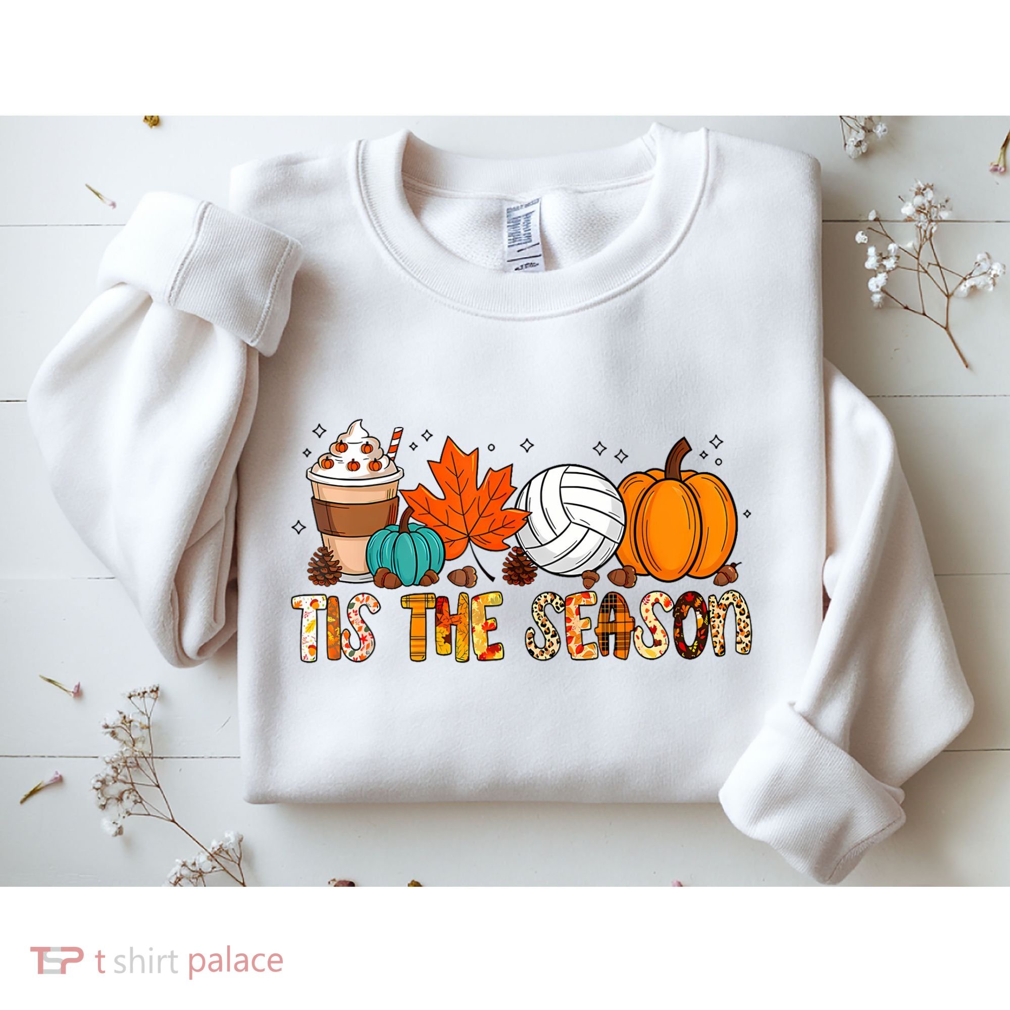 Tis The Season Volleyball Pumpkin Leaf Latte Fall Autumn Boy Sweatshirt