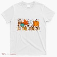 Tis The Season Volleyball Pumpkin Leaf Latte Fall Autumn Boy T-Shirt thumb 0