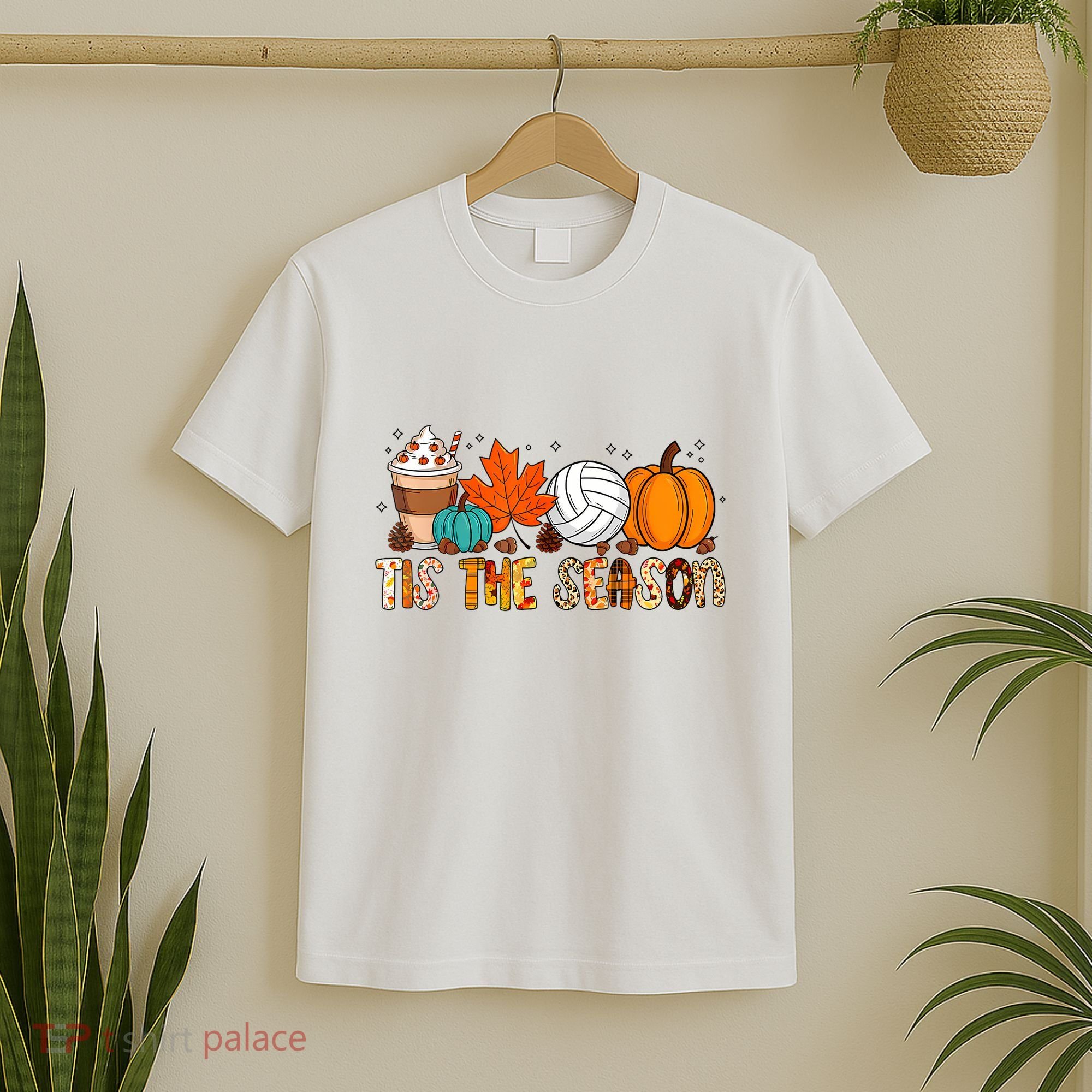 Tis The Season Volleyball Pumpkin Leaf Latte Fall Autumn Boy T-Shirt