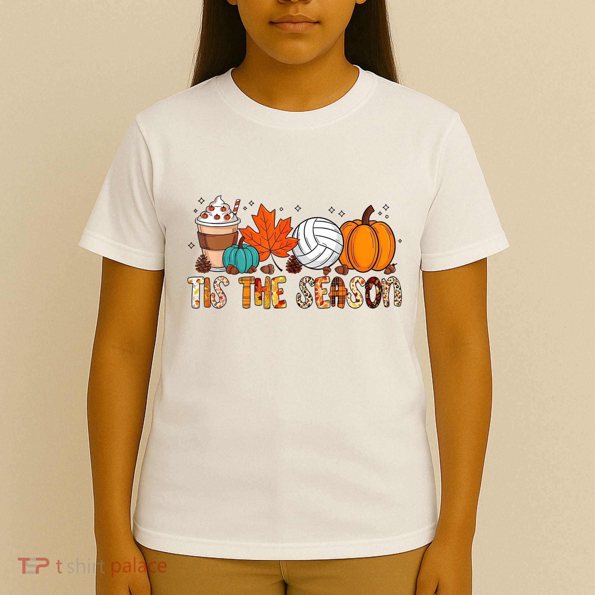 Tis The Season Volleyball Pumpkin Leaf Latte Fall Autumn Boy T-Shirt