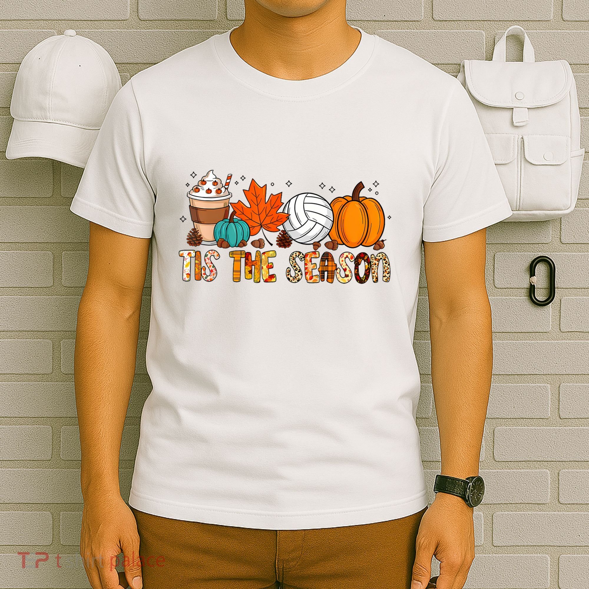 Tis The Season Volleyball Pumpkin Leaf Latte Fall Autumn Boy T-Shirt