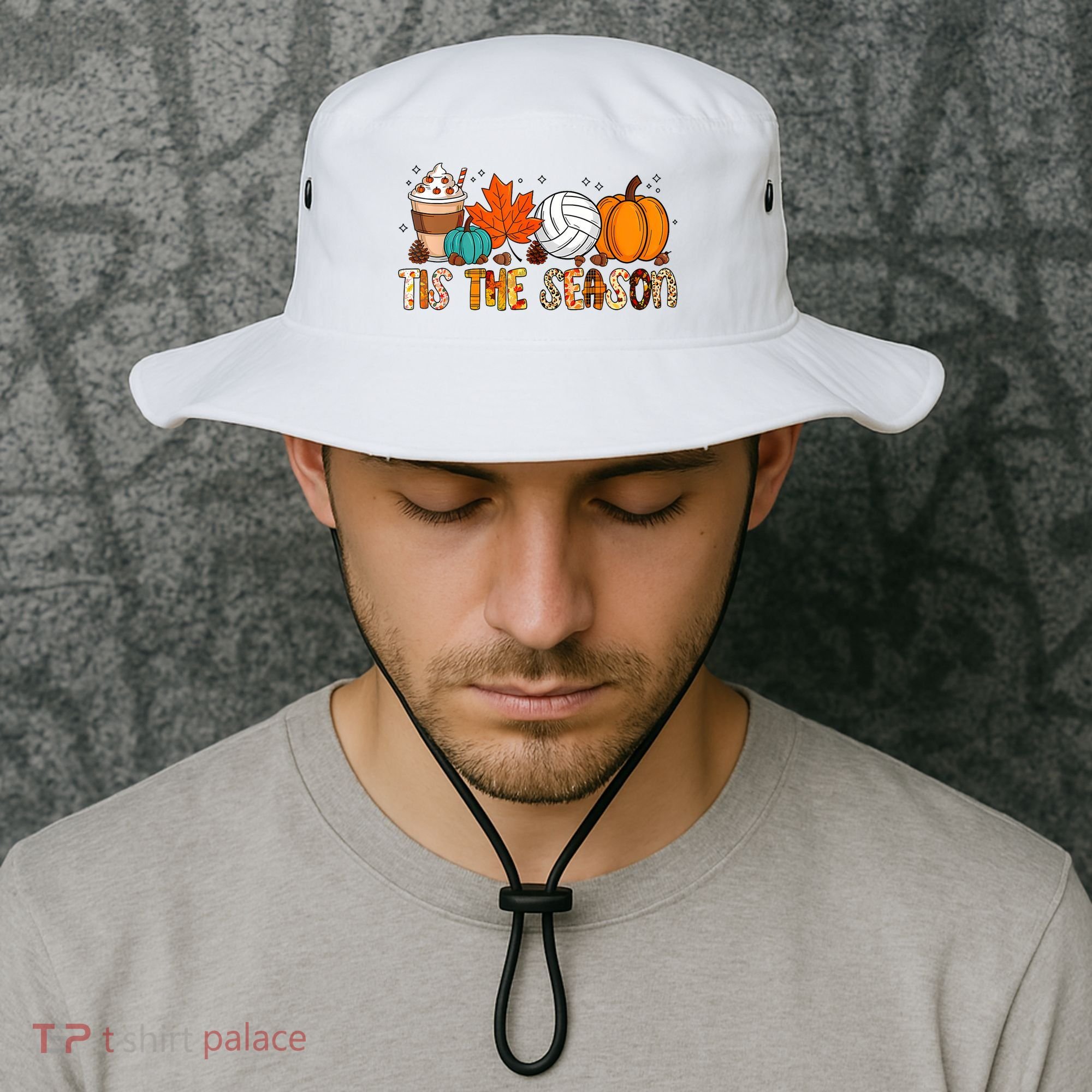 Tis The Season Volleyball Pumpkin Leaf Latte Fall Autumn Boy Bucket Hat