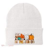 Tis The Season Volleyball Pumpkin Leaf Latte Fall Autumn Boy Beanie thumb 0