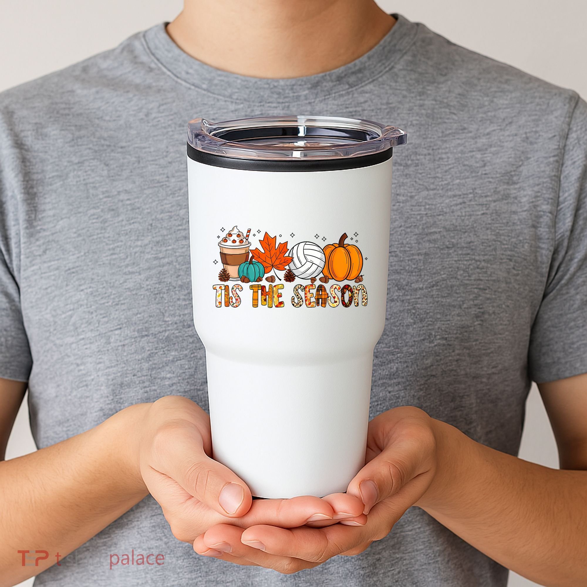 Tis The Season Volleyball Pumpkin Leaf Latte Fall Autumn Boy Tumbler