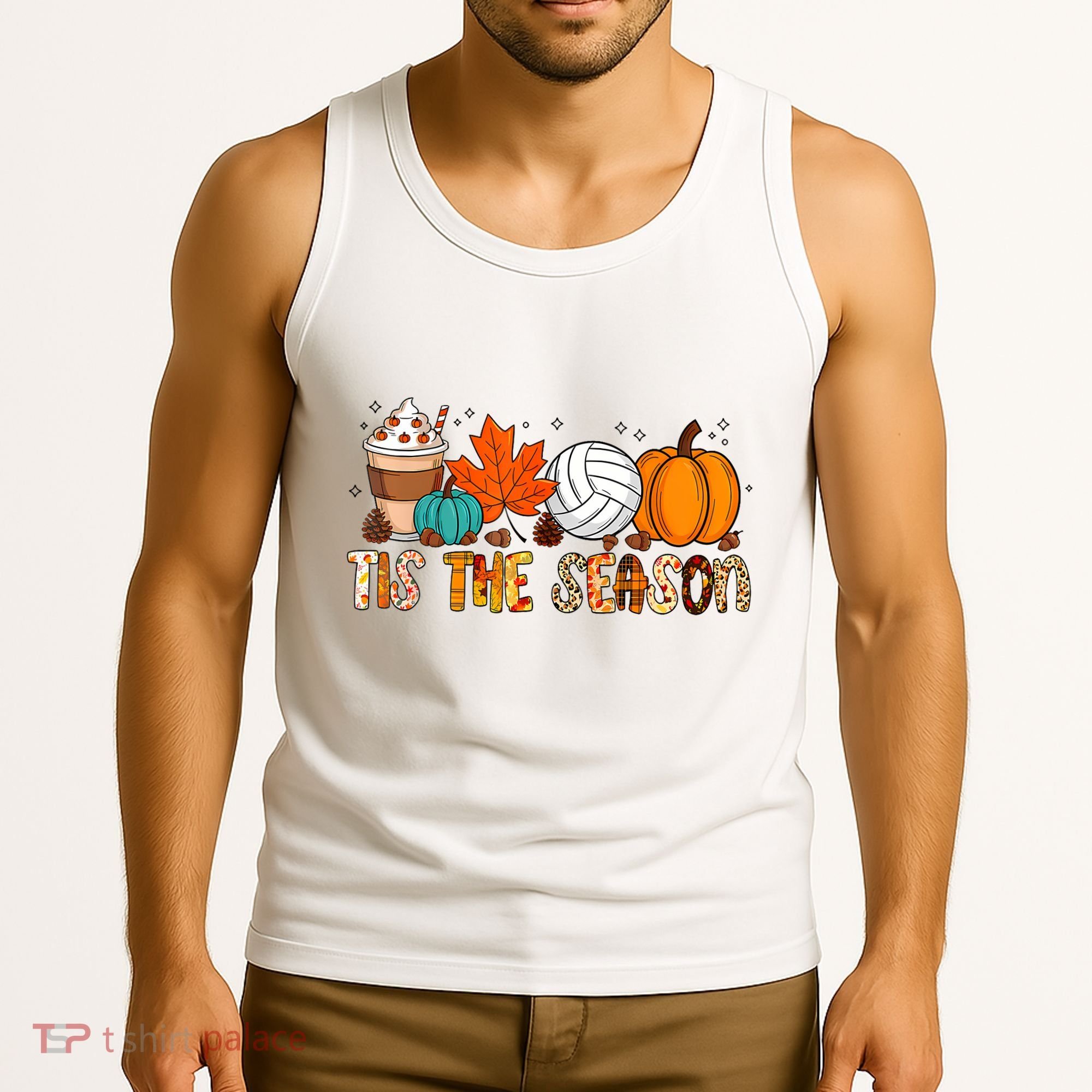 Tis The Season Volleyball Pumpkin Leaf Latte Fall Autumn Boy Tank Top