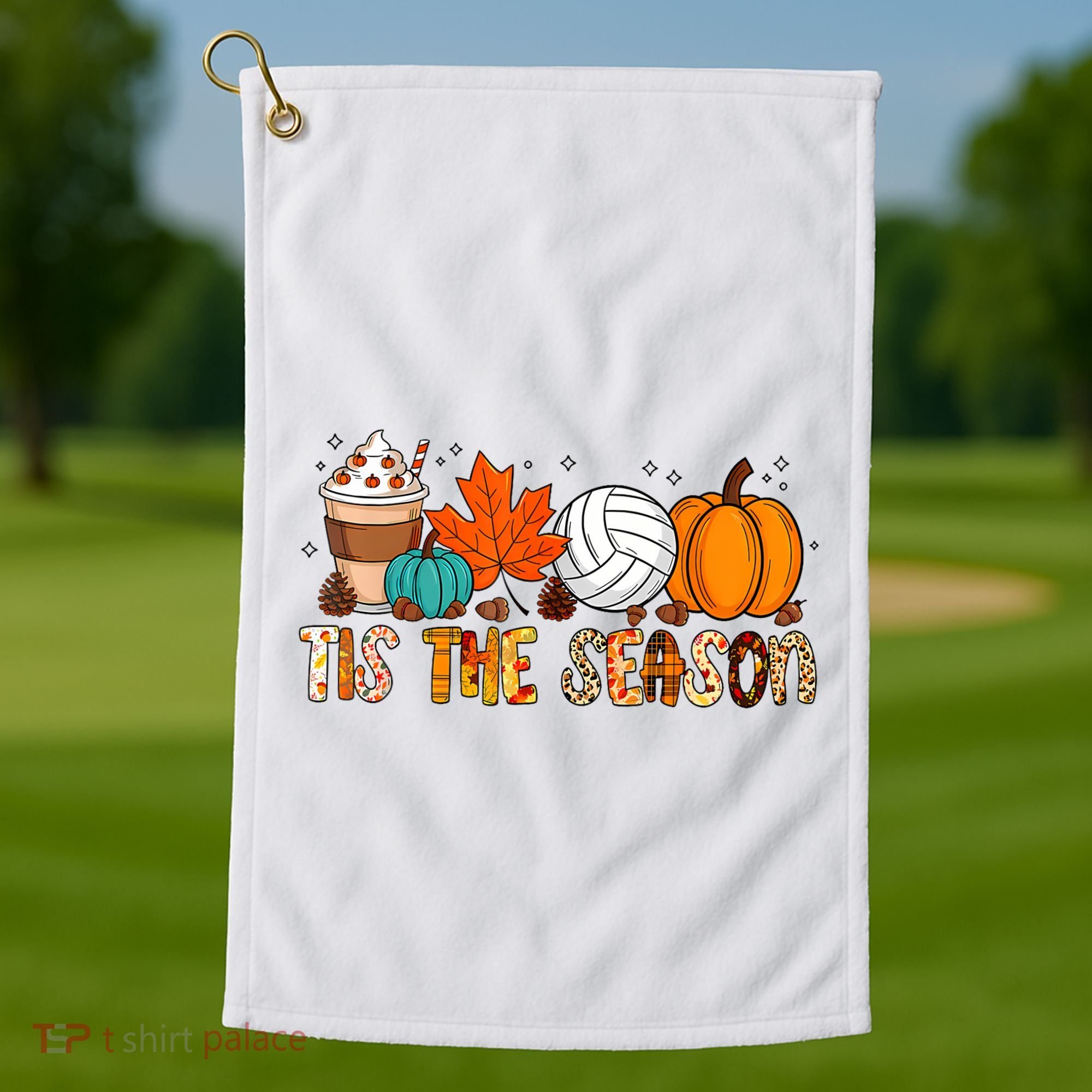 Tis The Season Volleyball Pumpkin Leaf Latte Fall Autumn Boy Golf Towel