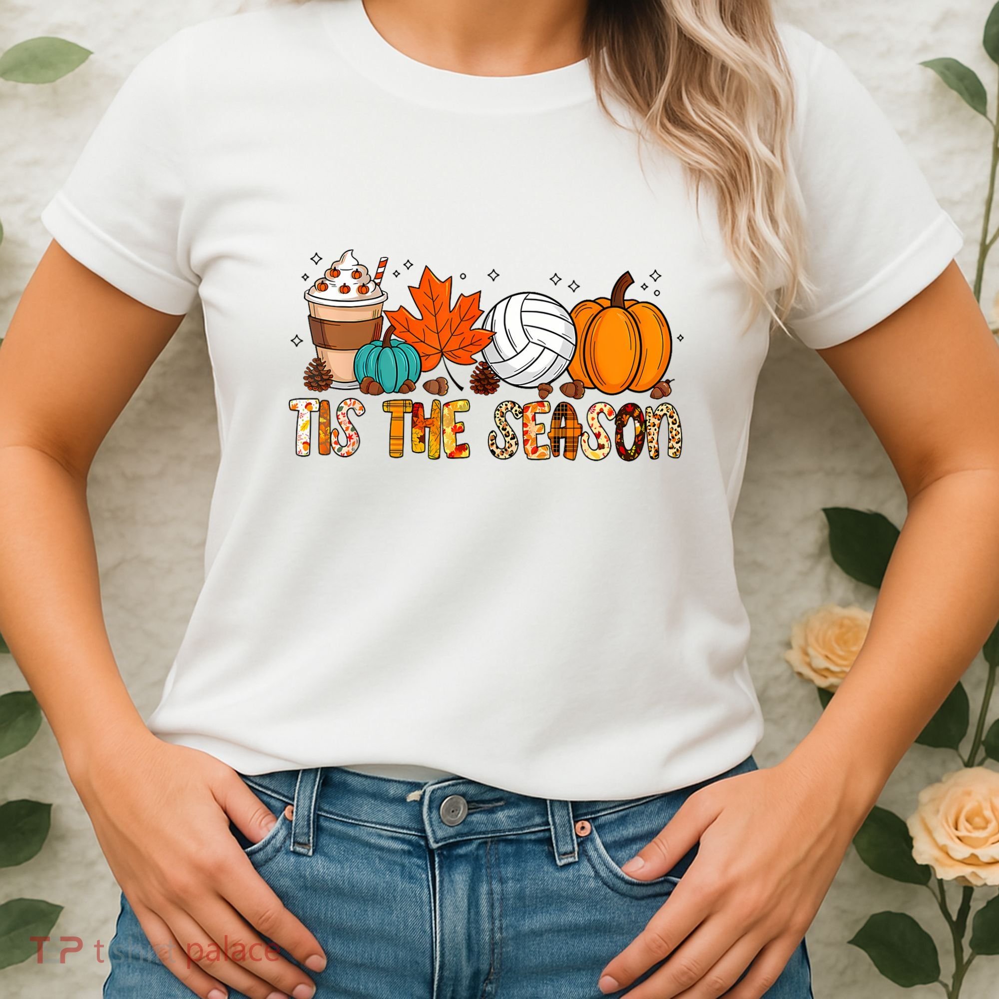 Tis The Season Volleyball Pumpkin Leaf Latte Fall Autumn Boy Women's T-Shirt