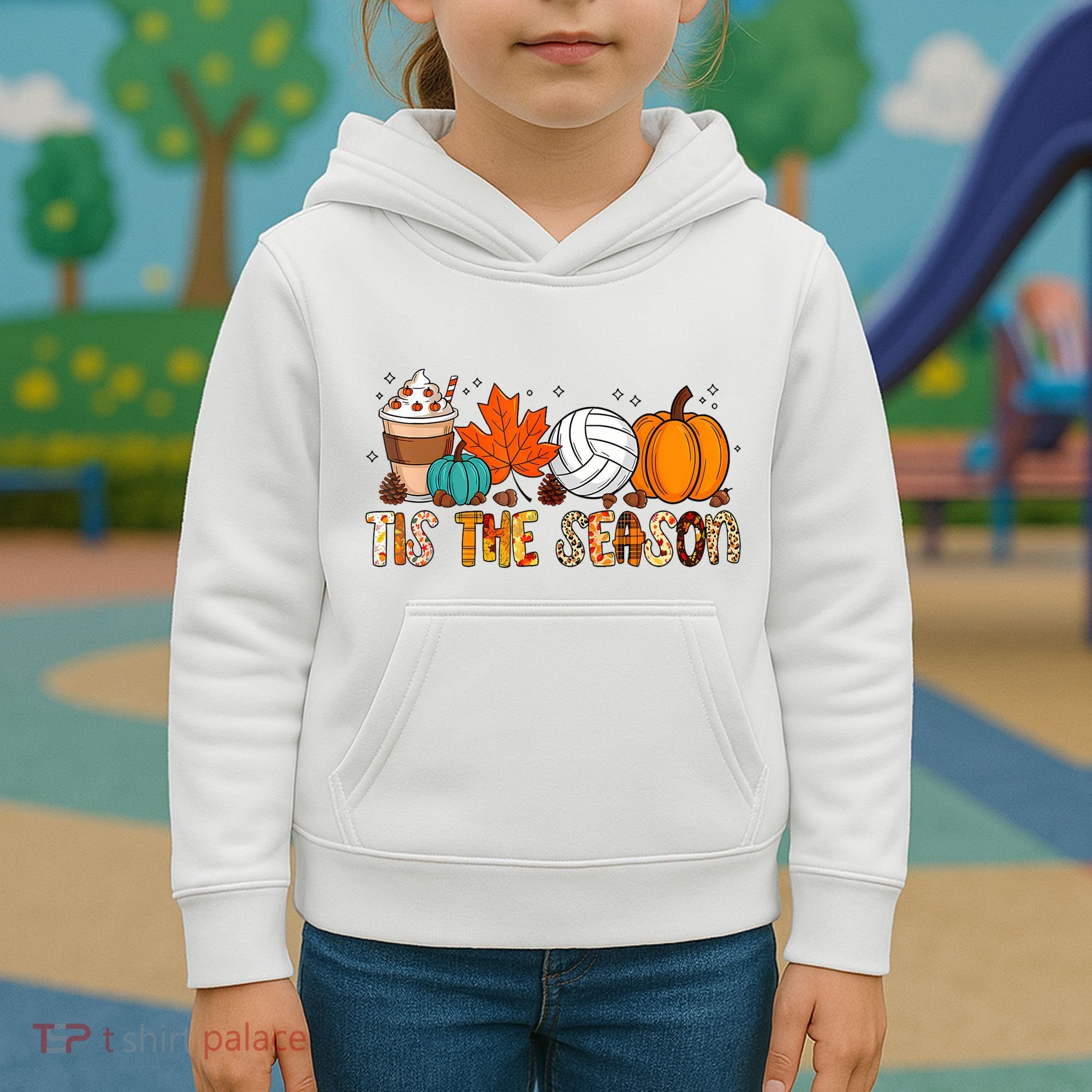 Tis The Season Volleyball Pumpkin Leaf Latte Fall Autumn Boy Kids Hoodie