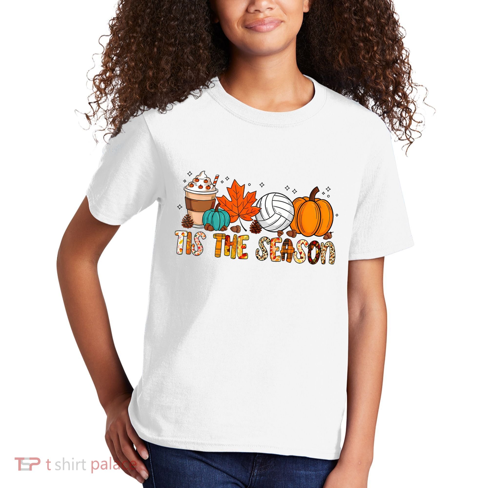 Tis The Season Volleyball Pumpkin Leaf Latte Fall Autumn Boy Kids T-Shirt