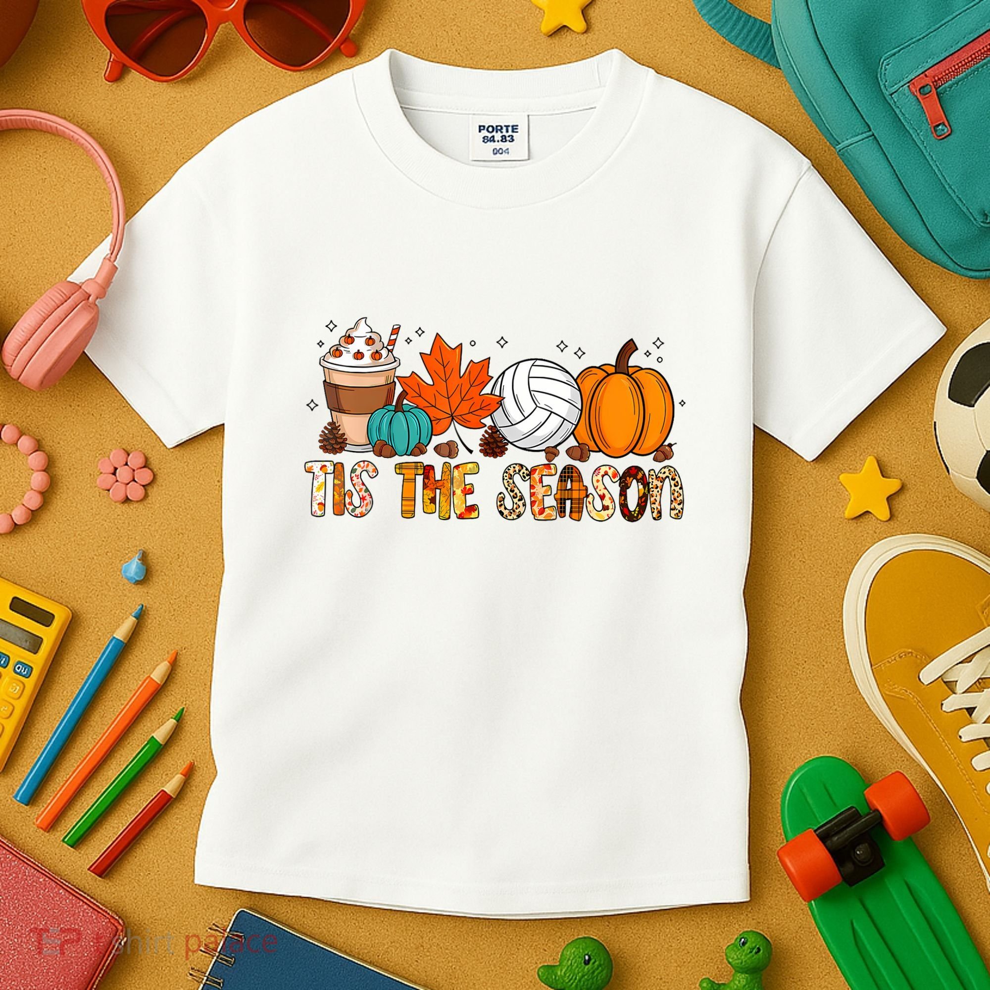 Tis The Season Volleyball Pumpkin Leaf Latte Fall Autumn Boy Kids T-Shirt