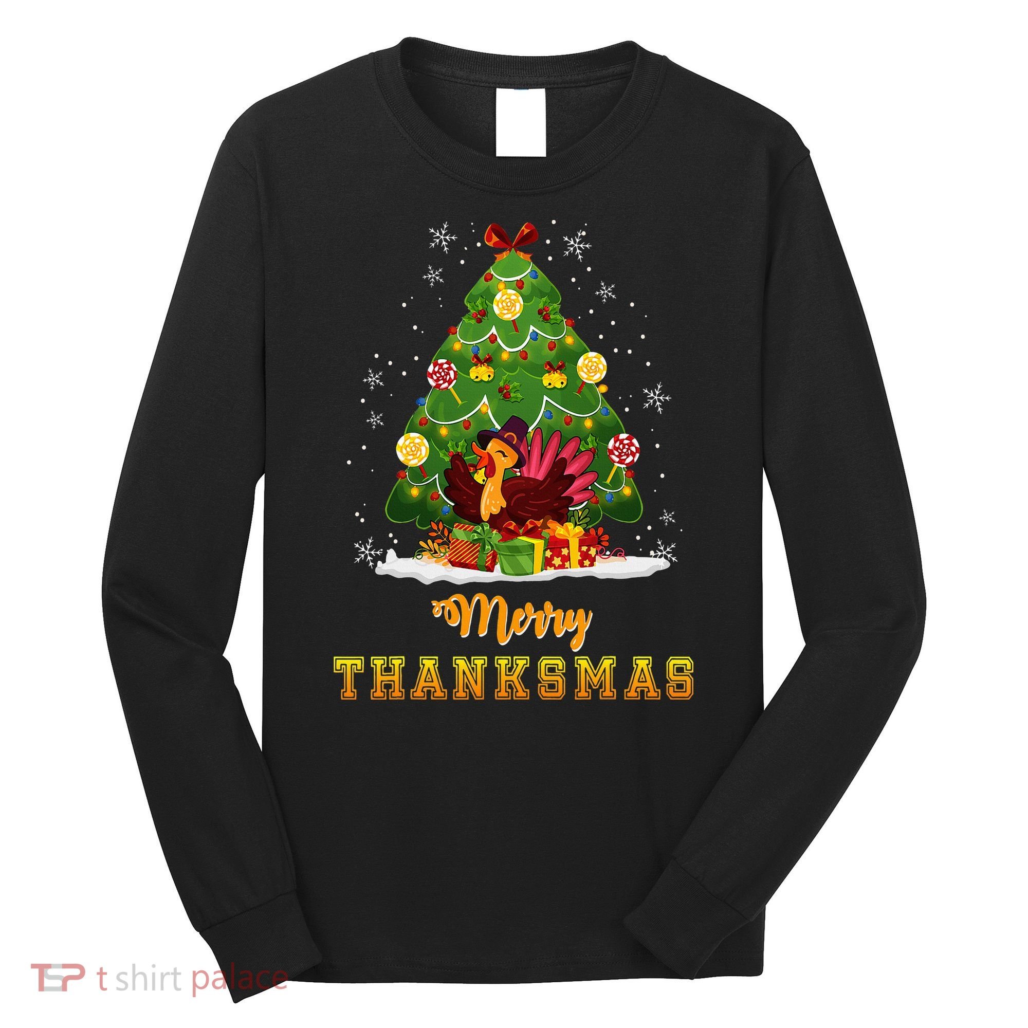 Turkey Tree Santa Merry Thanksmas Christmas Thanksgiving Long Sleeve Shirt