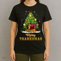 Turkey Tree Santa Merry Thanksmas Christmas Thanksgiving T-Shirt thumb 4