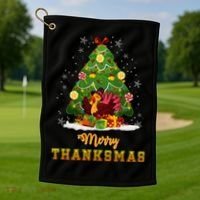 Turkey Tree Santa Merry Thanksmas Christmas Thanksgiving Golf Towel thumb 1