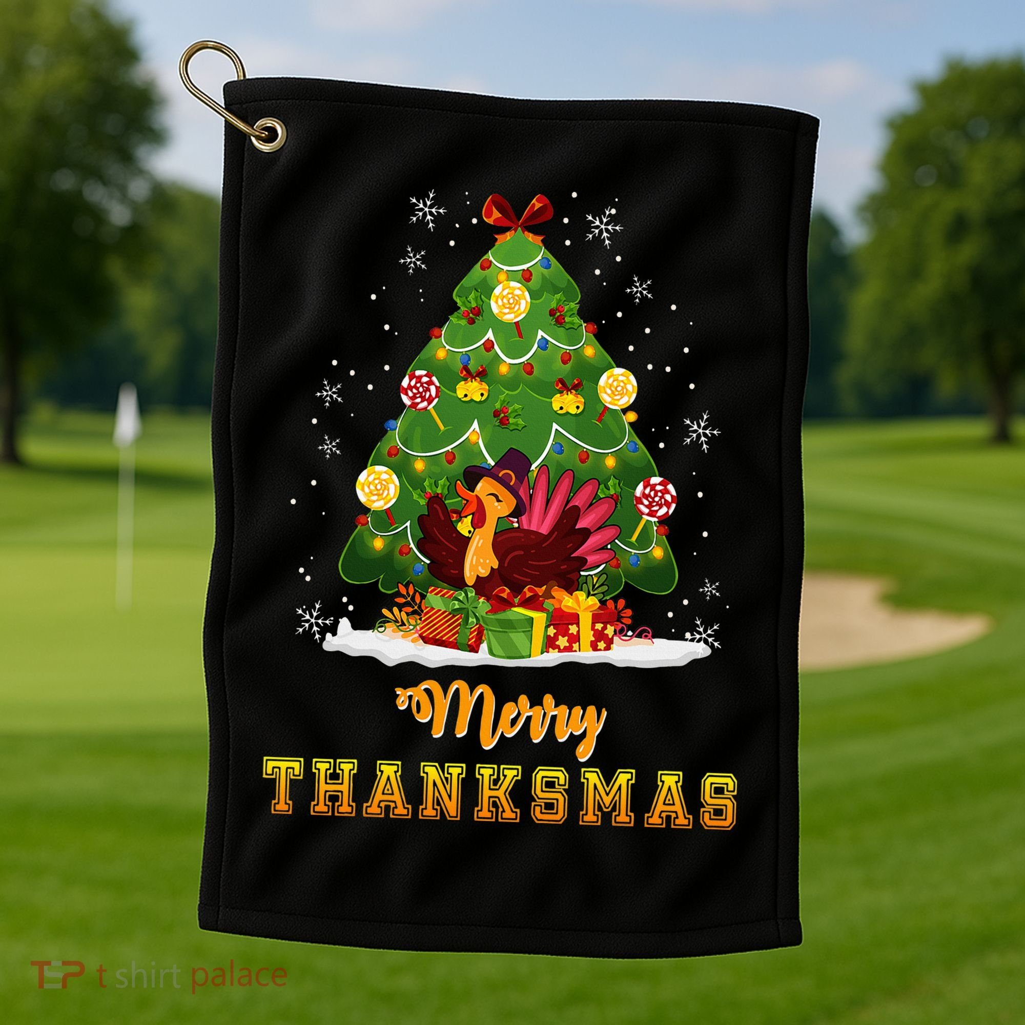 Turkey Tree Santa Merry Thanksmas Christmas Thanksgiving Golf Towel
