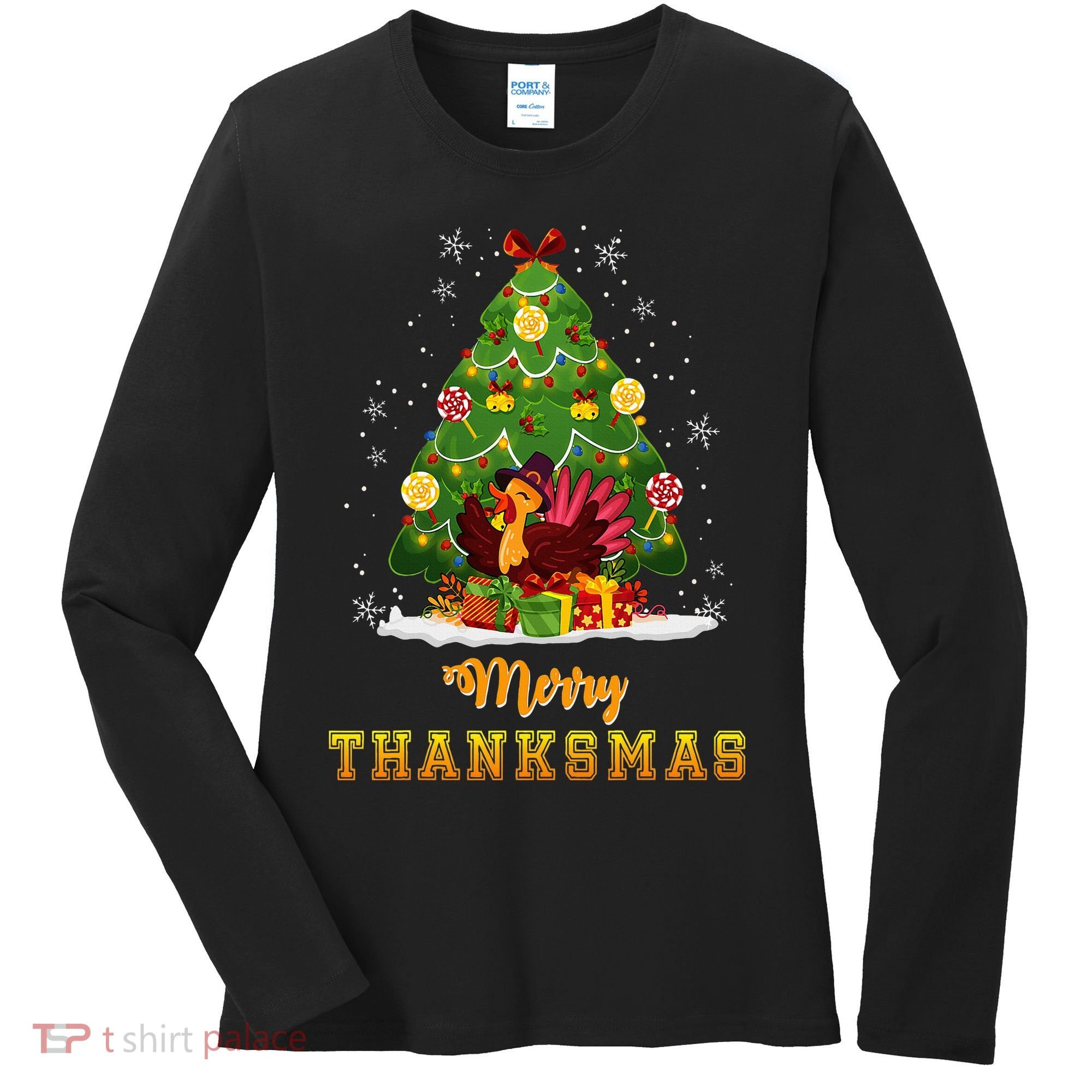 Turkey Tree Santa Merry Thanksmas Christmas Thanksgiving Women's Long Sleeve Shirt
