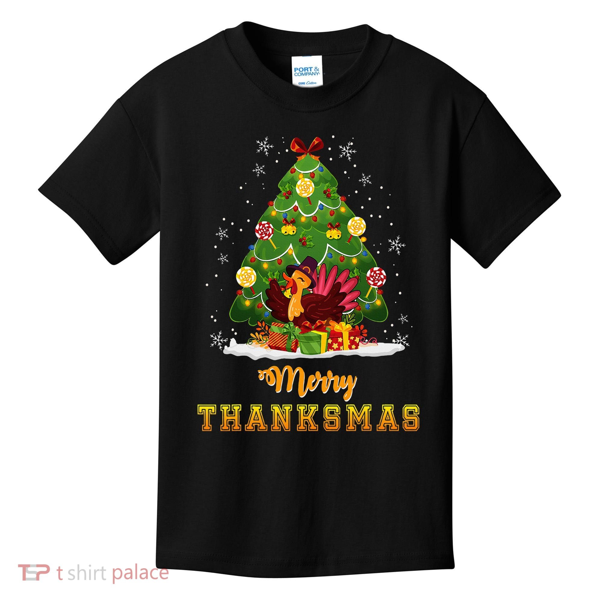 Turkey Tree Santa Merry Thanksmas Christmas Thanksgiving Kids T-Shirt