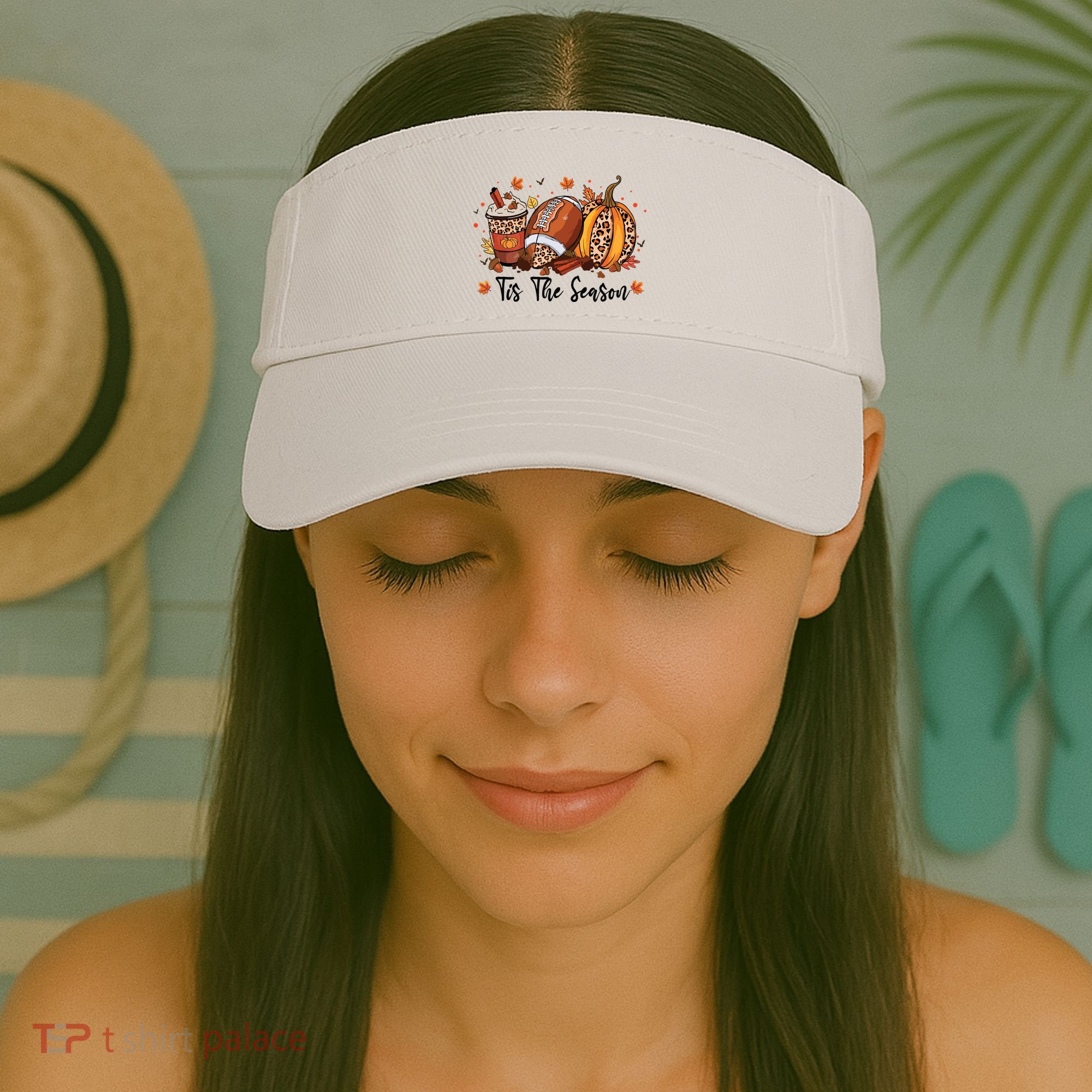 Tis The Season Pumpkin Spice Latte Halloween Football Coffee Visor