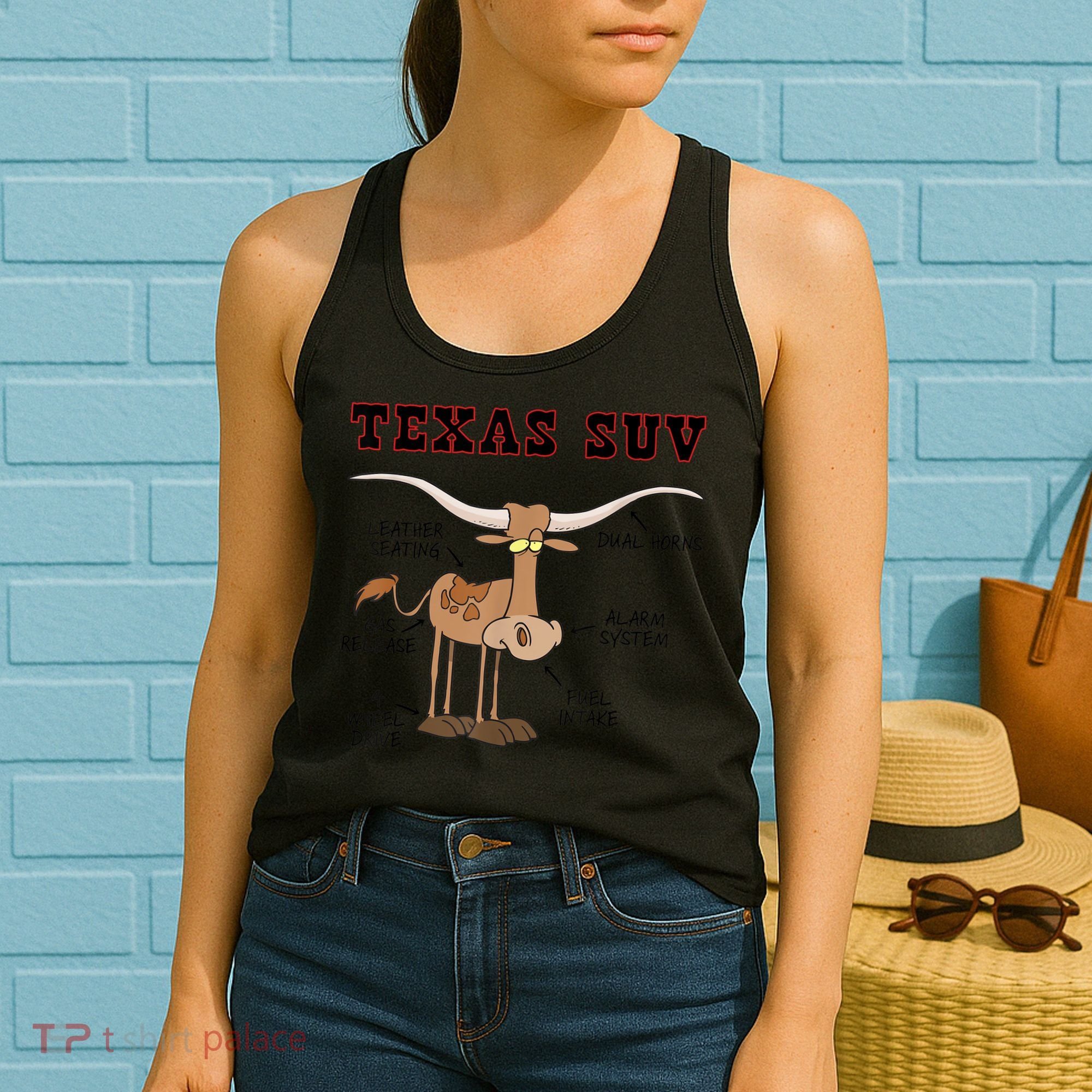 Texas TX SUV Funny Joke Longhorn Cattle Cow Women's Tank Top