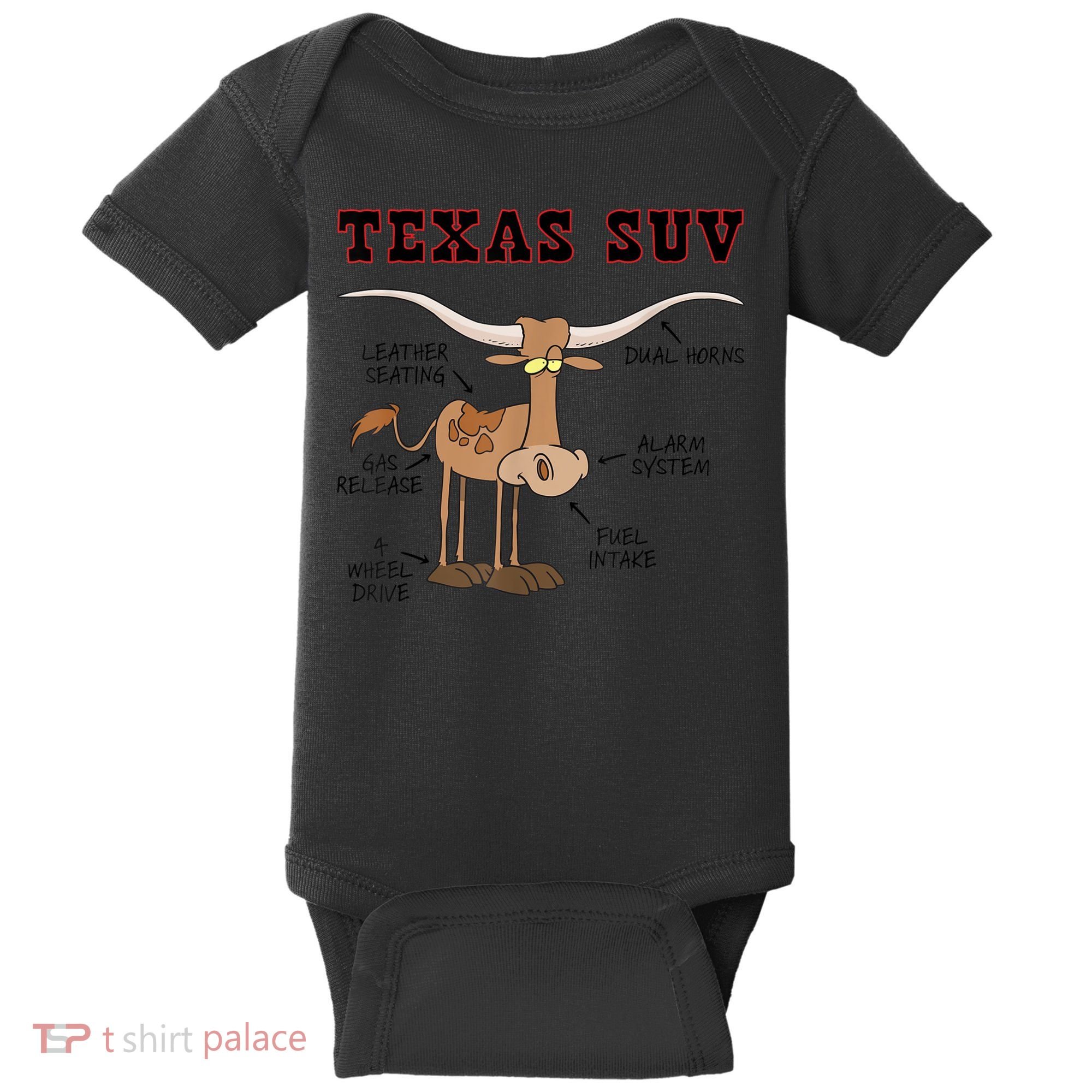 Texas TX SUV Funny Joke Longhorn Cattle Cow Baby Bodysuit