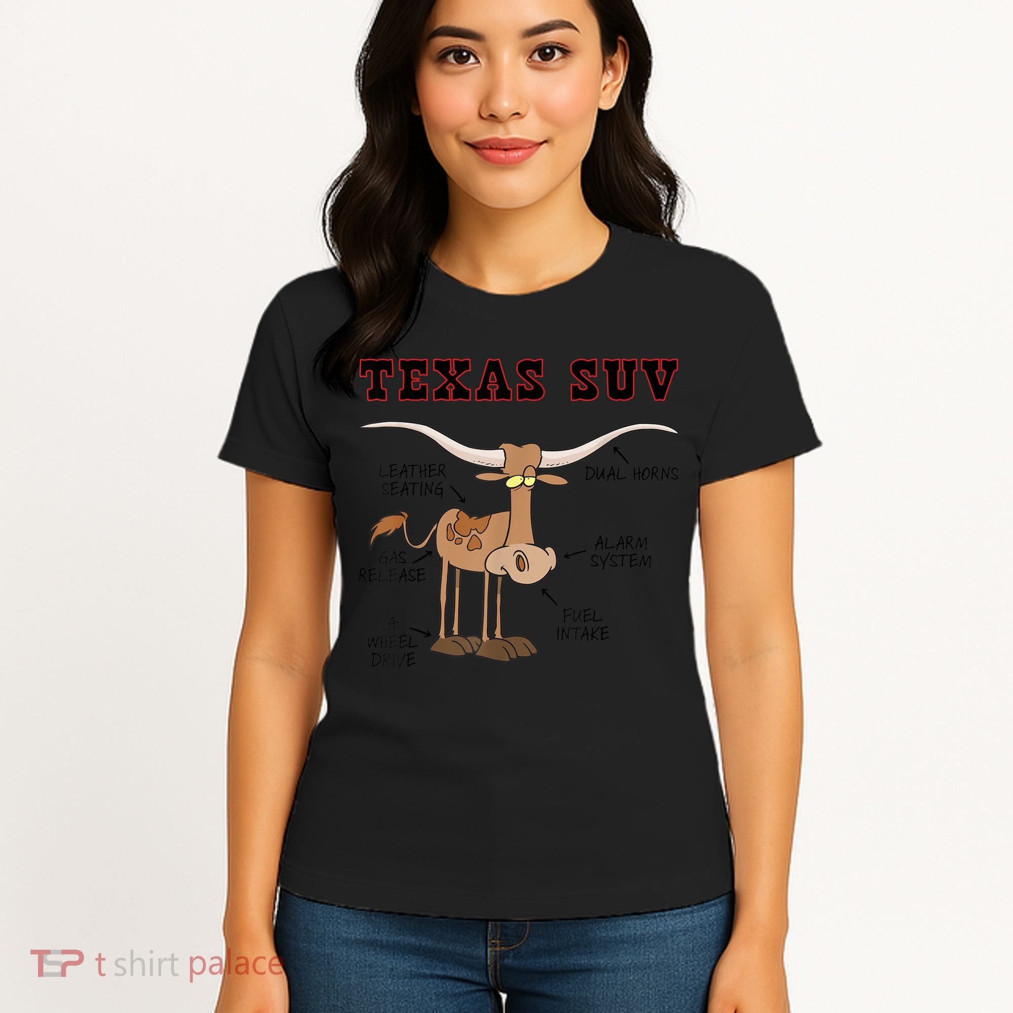 Texas TX SUV Funny Joke Longhorn Cattle Cow Women's T-Shirt