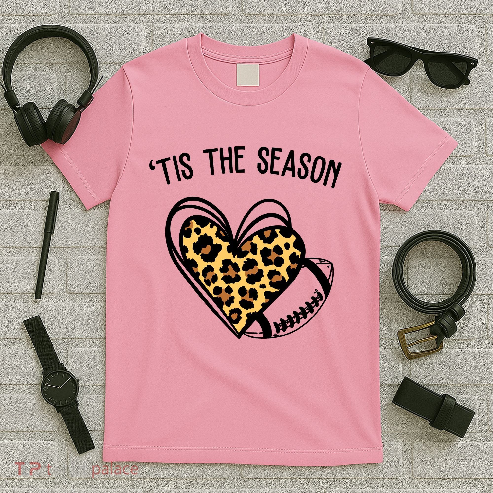 Tis The Season Football Leopard Heart T-Shirt