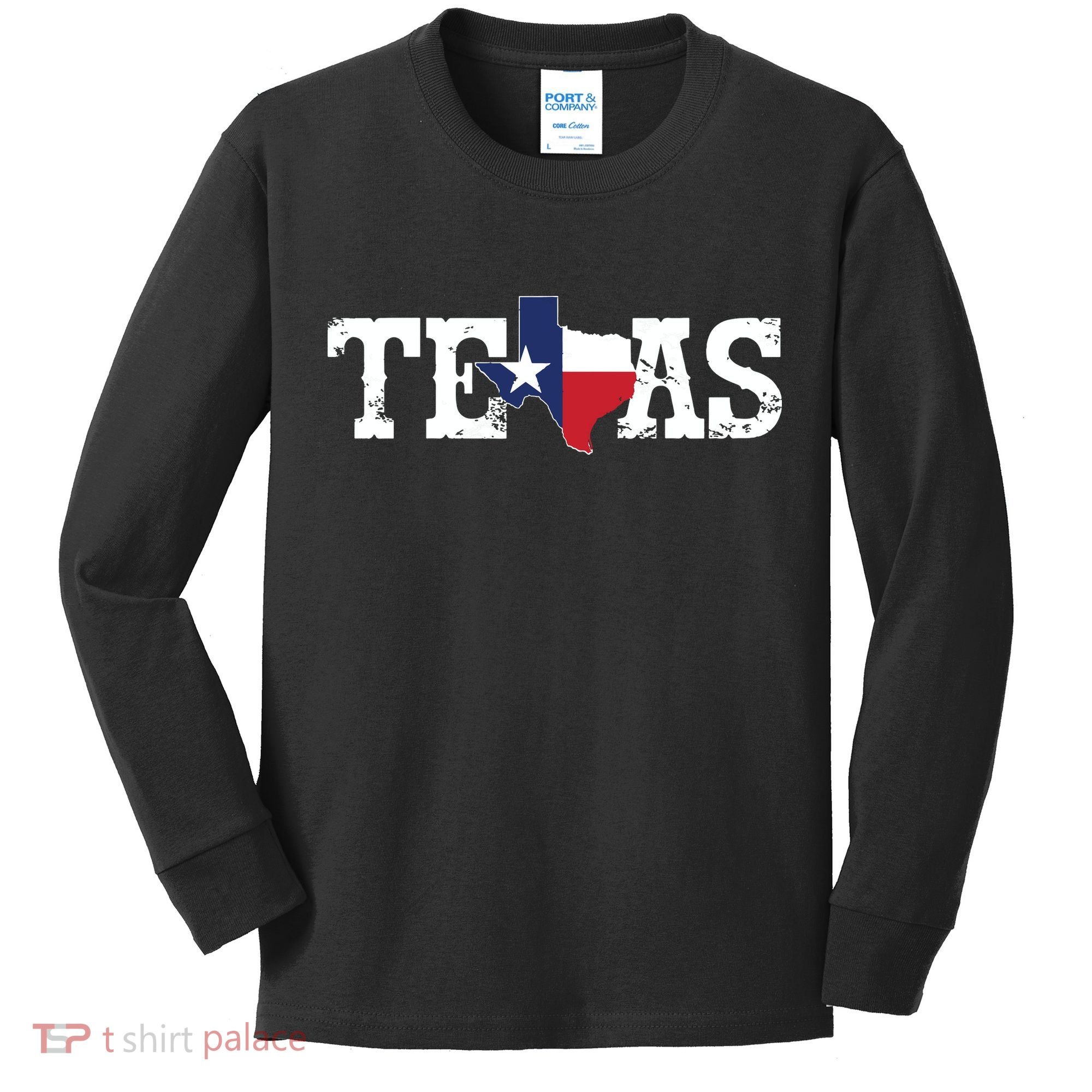 Texas Texas Shaped Flag Grunge Distressed Texas Kids Long Sleeve Shirt