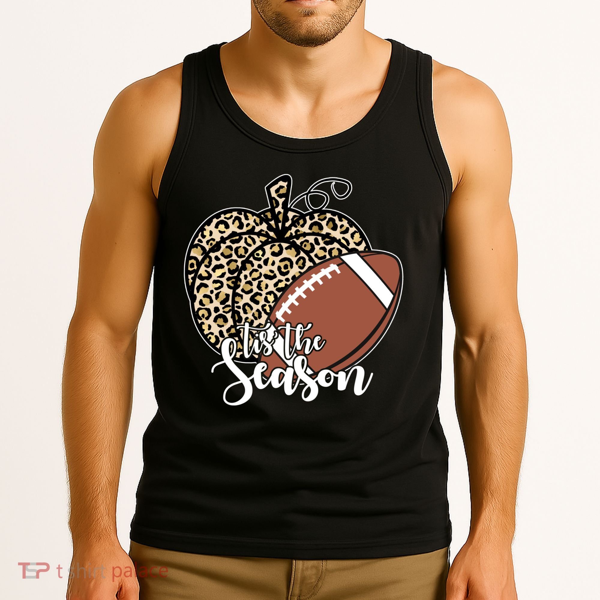 Tis The Season Leopard Pumpkin Football Fall Autumn Tank Top