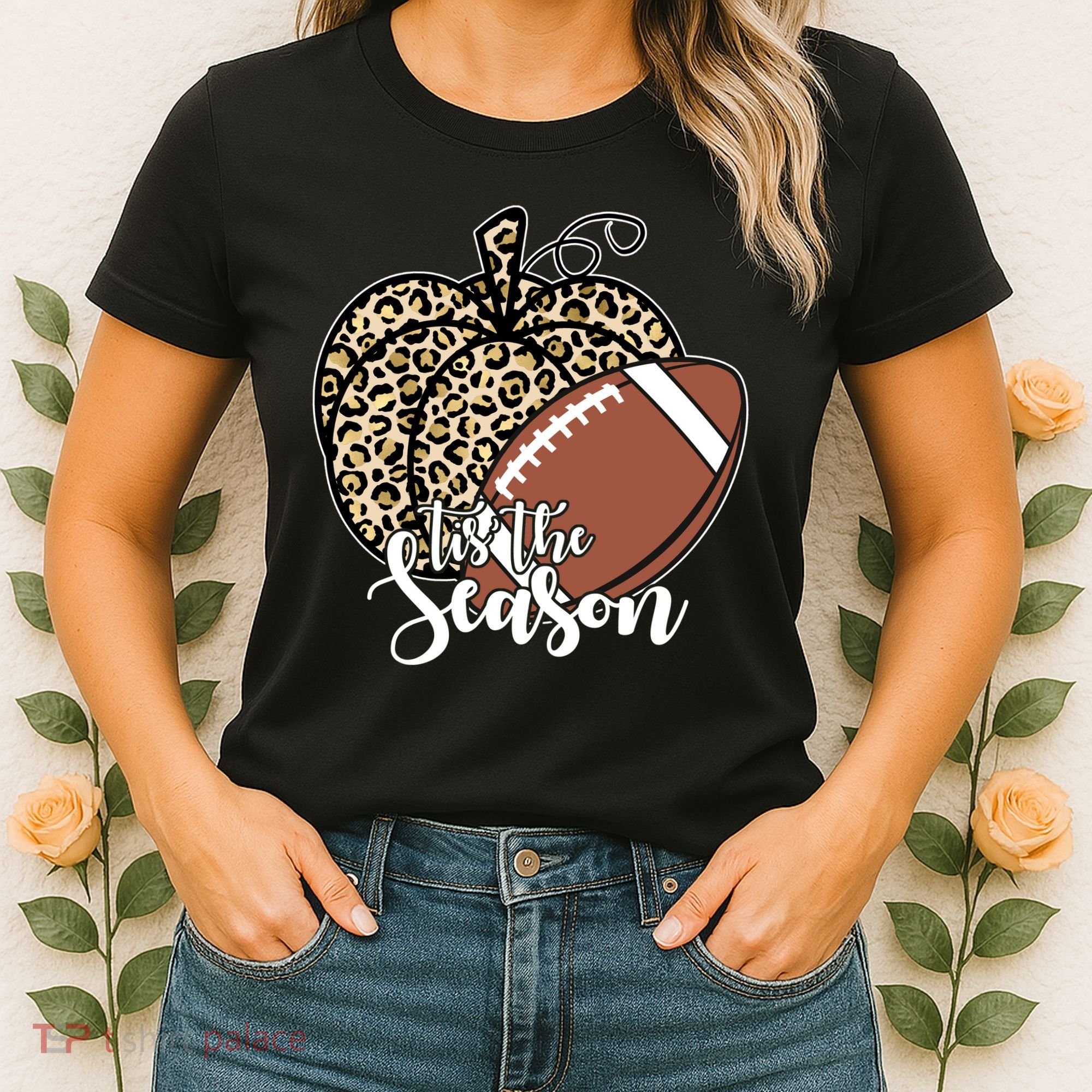 Tis The Season Leopard Pumpkin Football Fall Autumn Women's T-Shirt