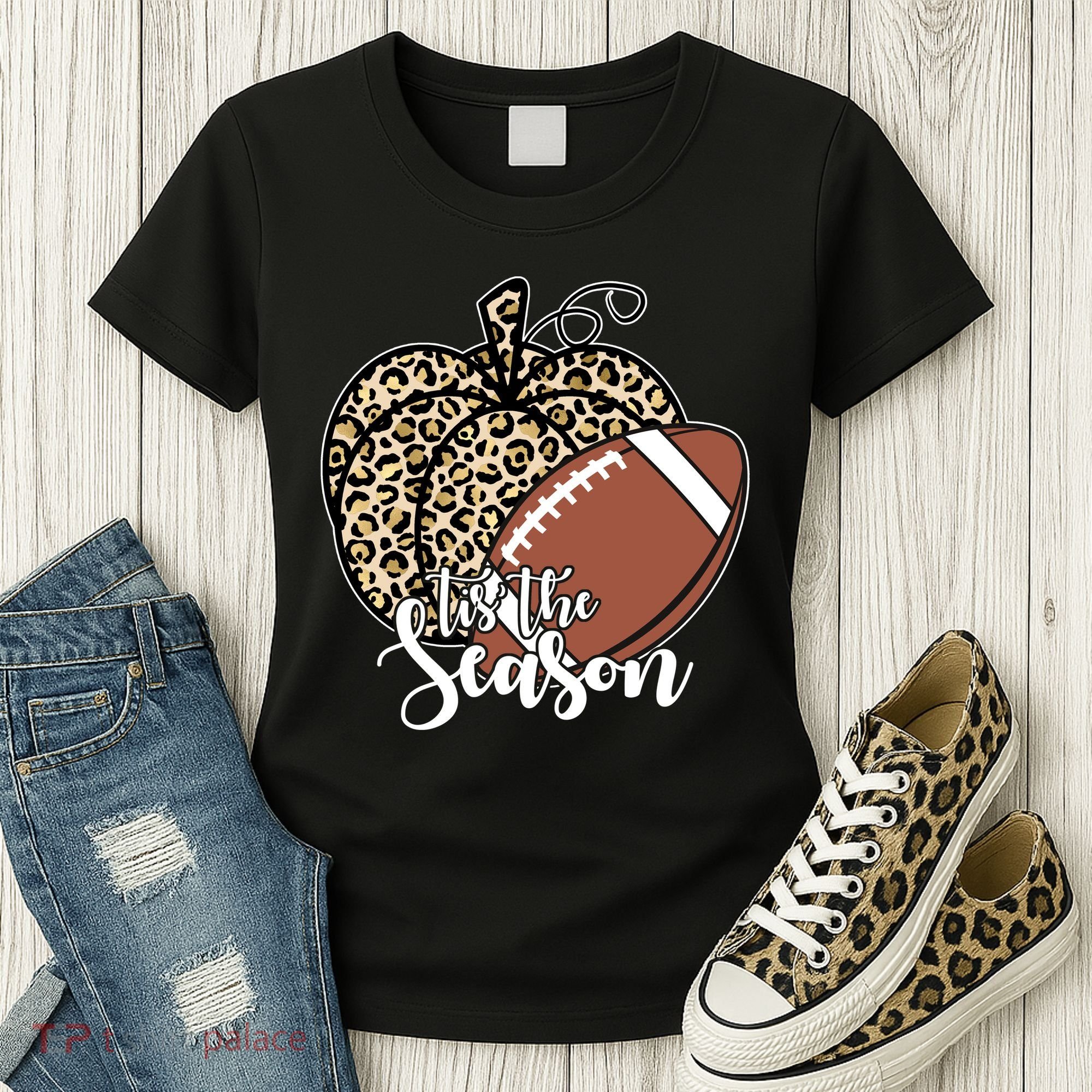 Tis The Season Leopard Pumpkin Football Fall Autumn Women's T-Shirt