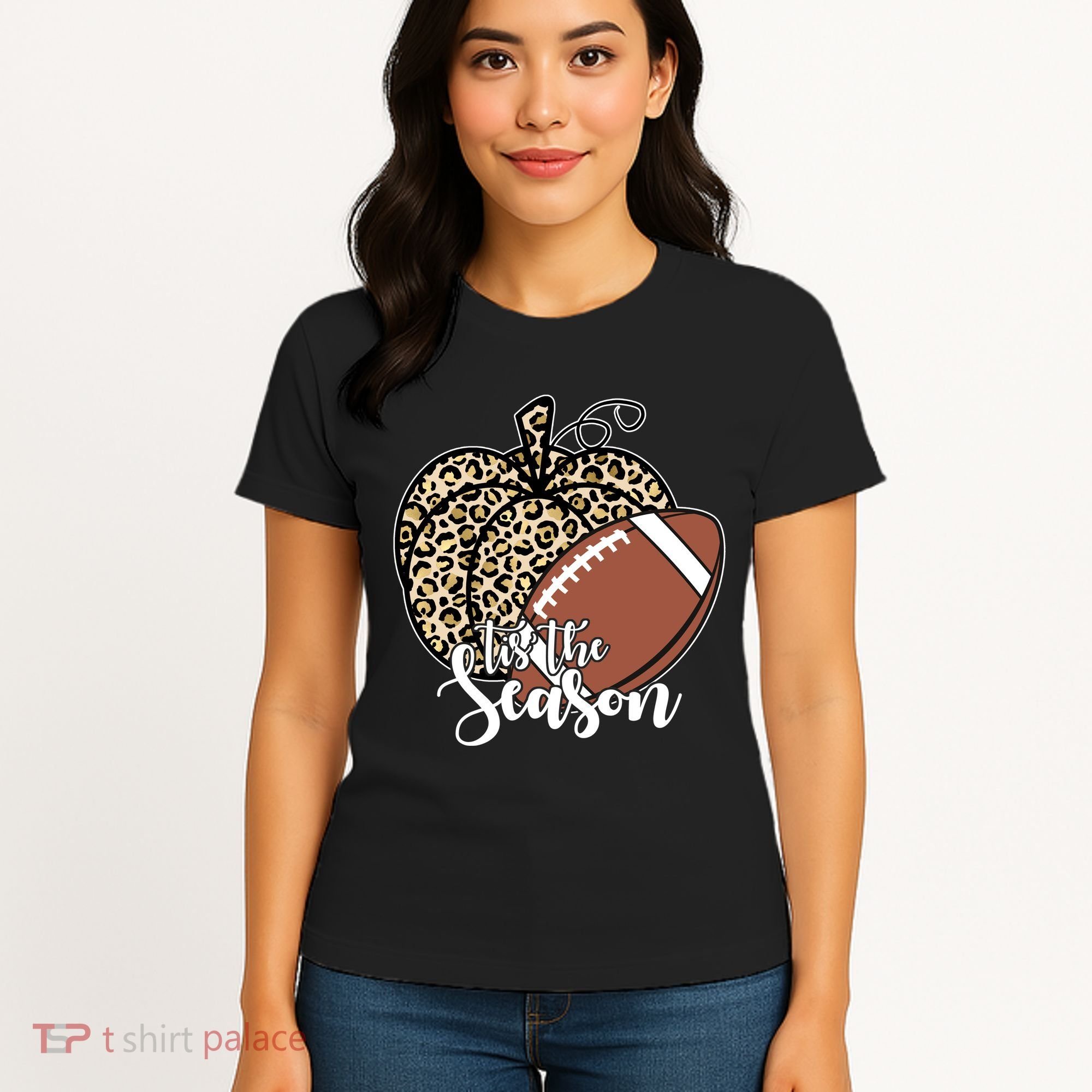 Tis The Season Leopard Pumpkin Football Fall Autumn Women's T-Shirt