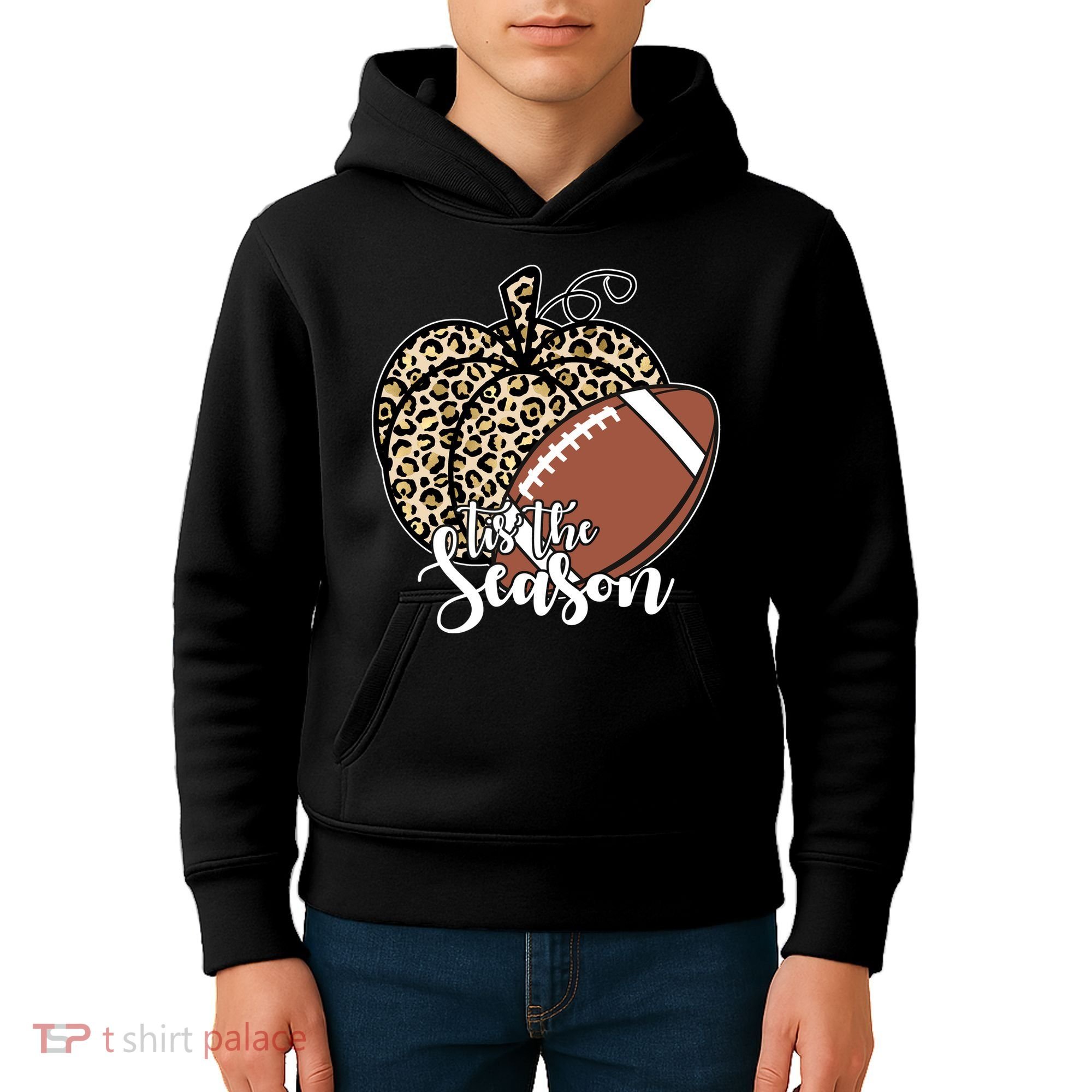 Tis The Season Leopard Pumpkin Football Fall Autumn Kids Hoodie