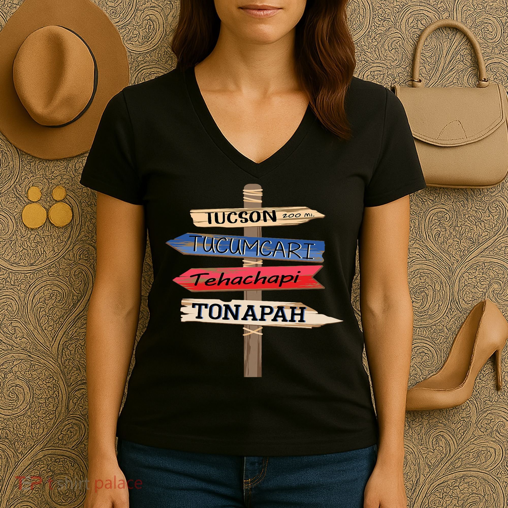 Tucson Tucumcari Tehachapi Tonapah Tourist Guideline Women's V-Neck T-Shirt