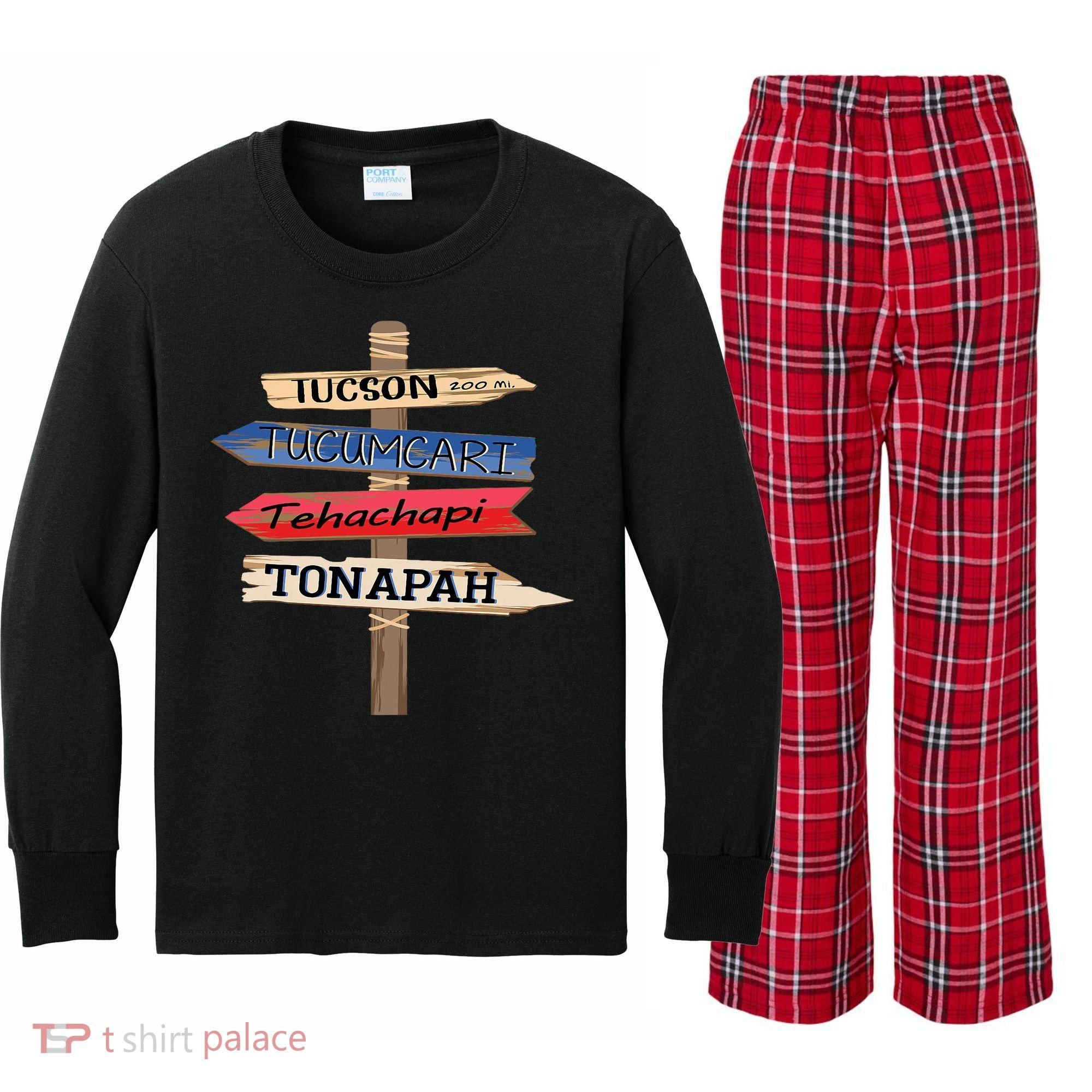 Tucson Tucumcari Tehachapi Tonapah Tourist Guideline Kids Long Sleeve Plaid Pajama Set
