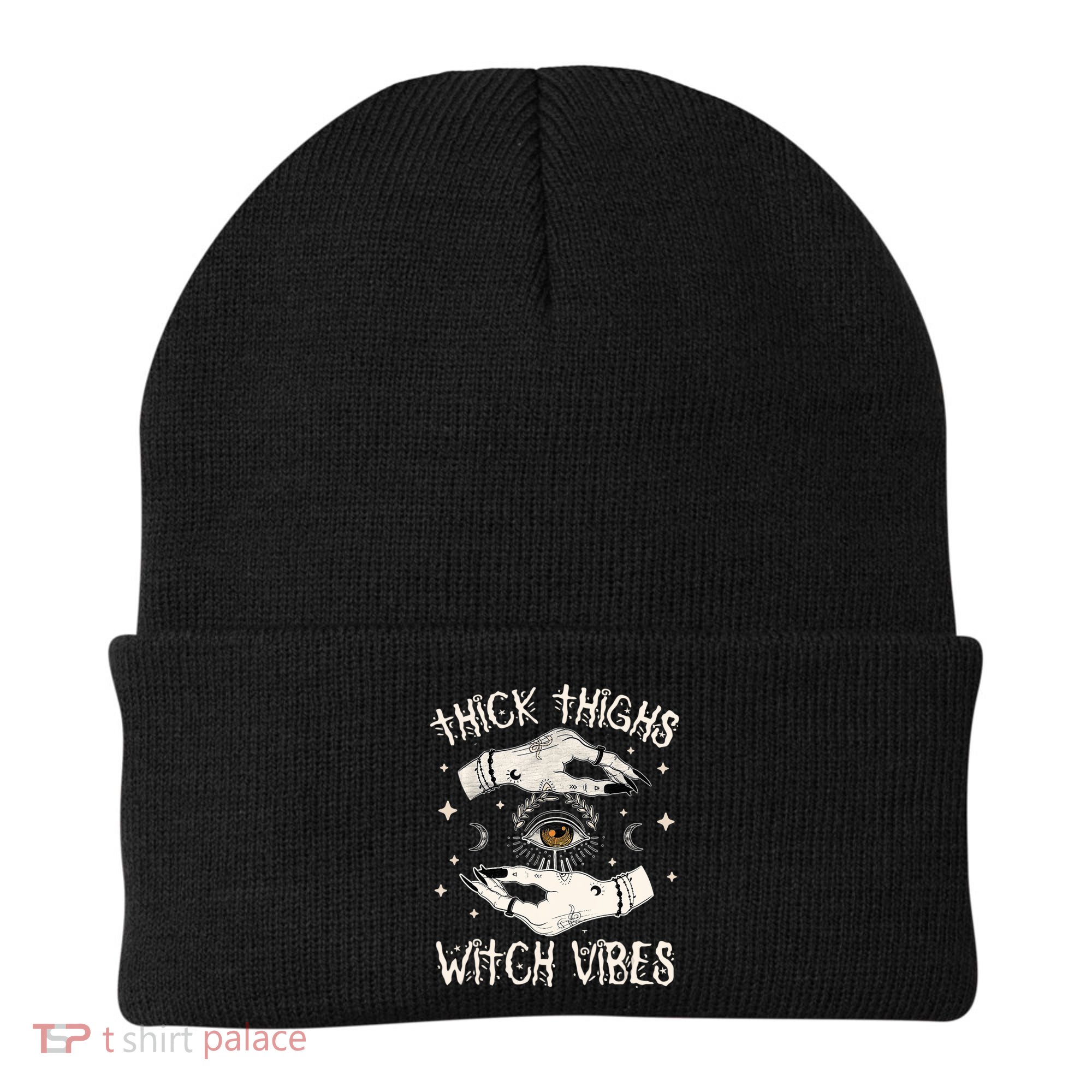 Thick Thighs Witch Vibes Halloween Moon Witches Tattoo Beanie