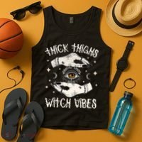 Thick Thighs Witch Vibes Halloween Moon Witches Tattoo Tank Top thumb 4