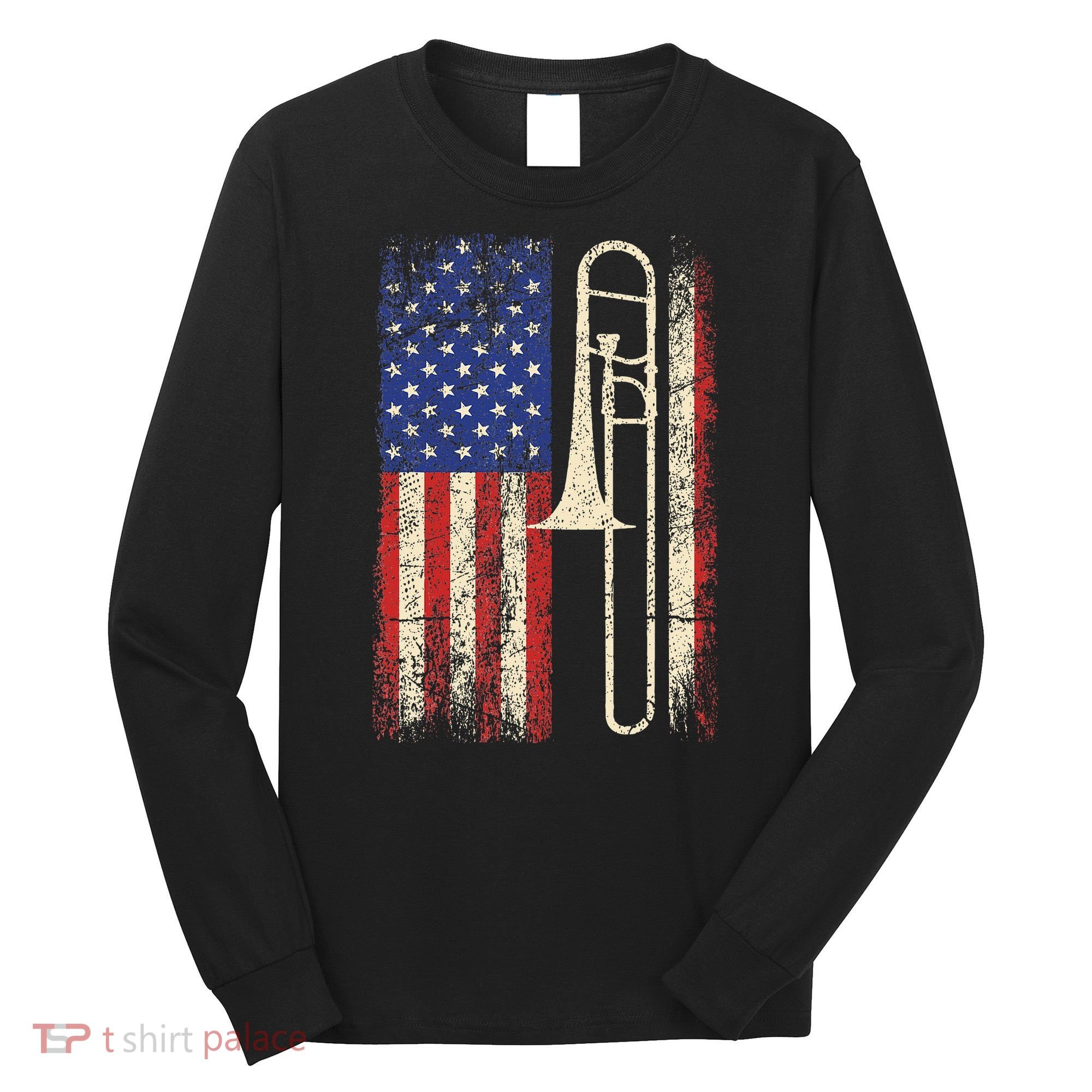 Trombone USA American Flag Jazz Retro Music Long Sleeve Shirt