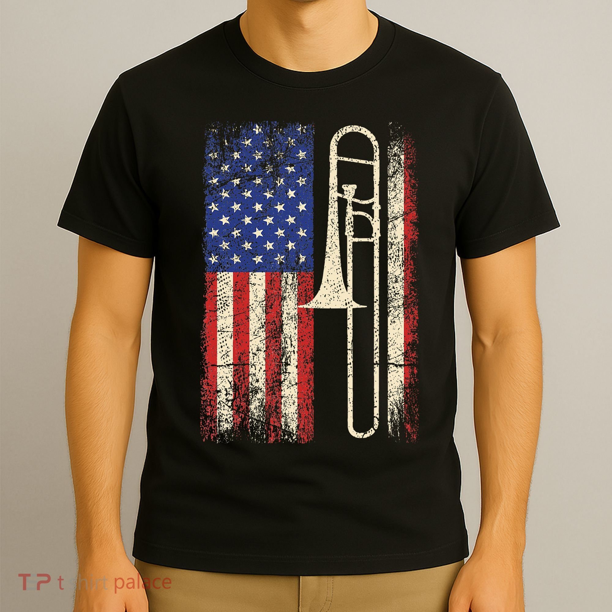 Trombone USA American Flag Jazz Retro Music T-Shirt