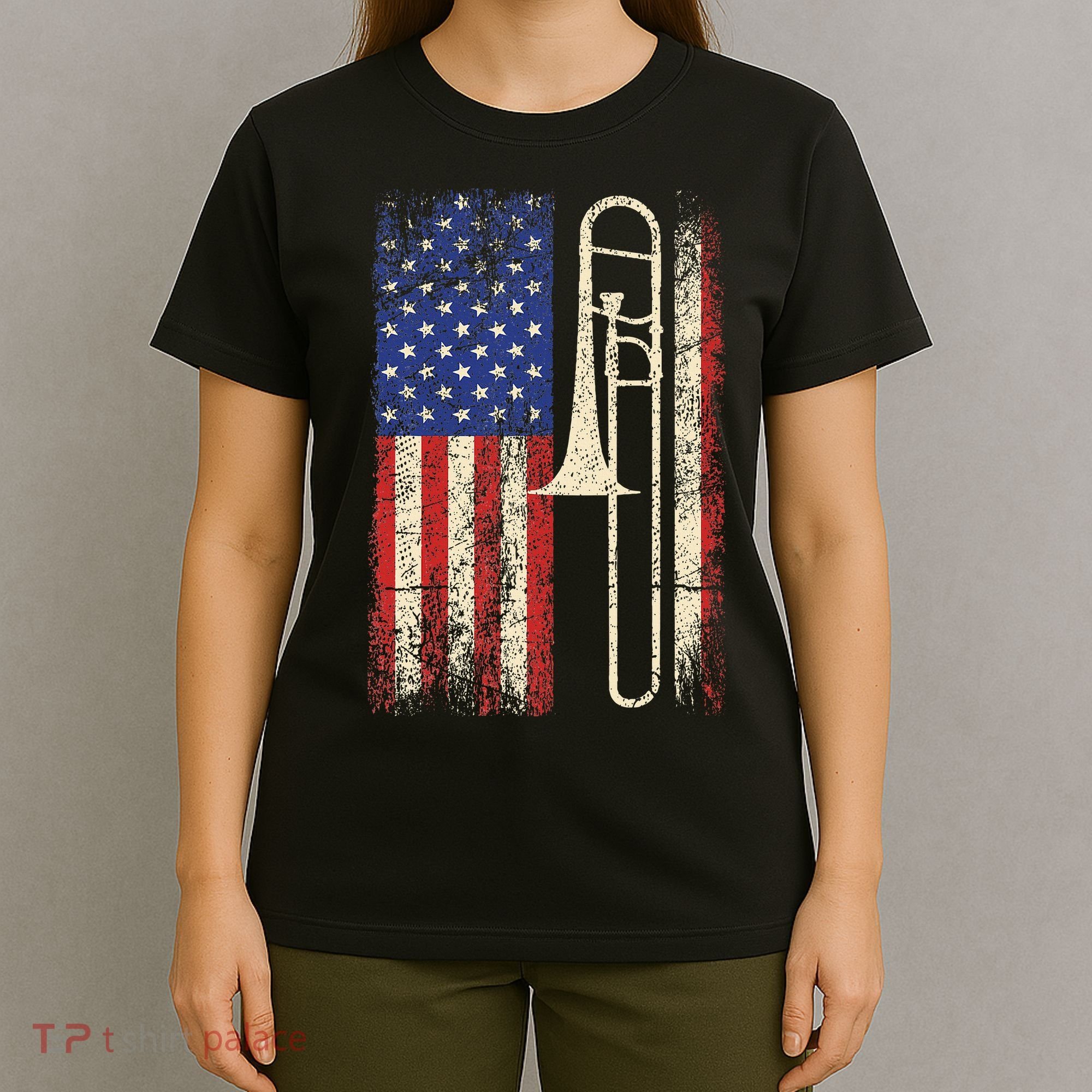 Trombone USA American Flag Jazz Retro Music T-Shirt