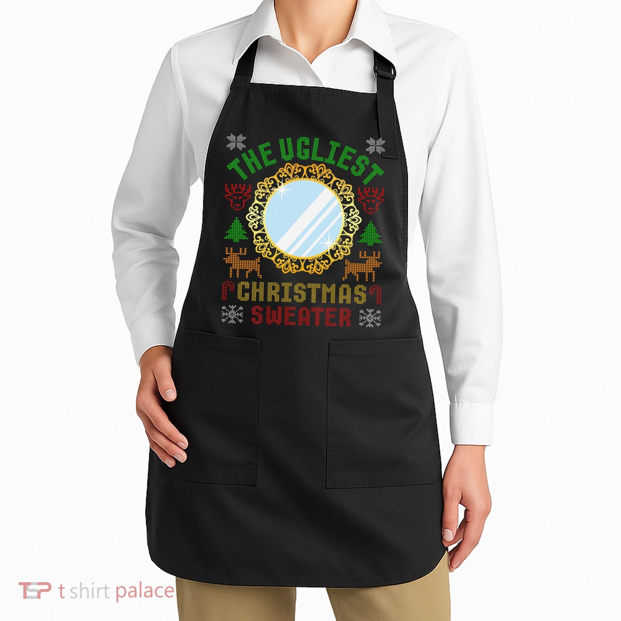 The Ugliest Christmas Sweater With An Image Of A Mirror Apron