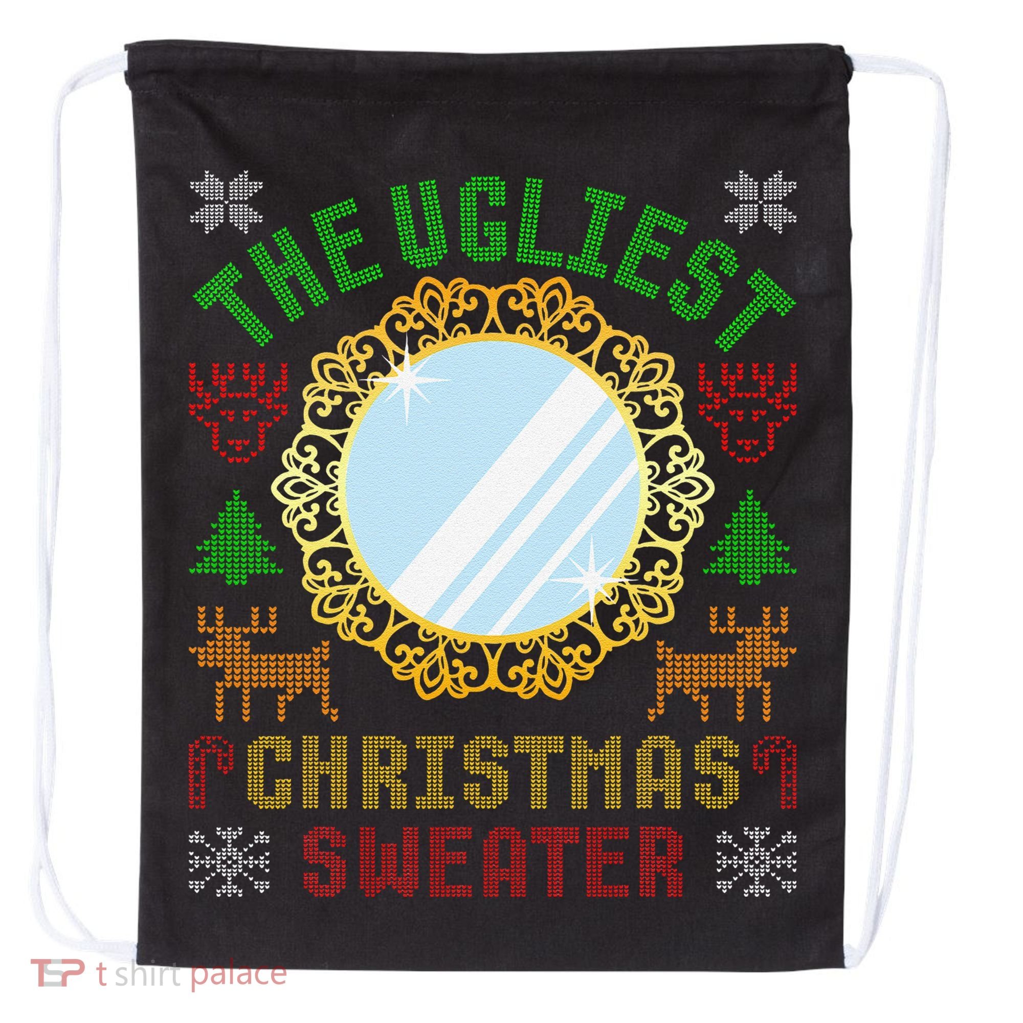 The Ugliest Christmas Sweater With An Image Of A Mirror Drawstring Bag