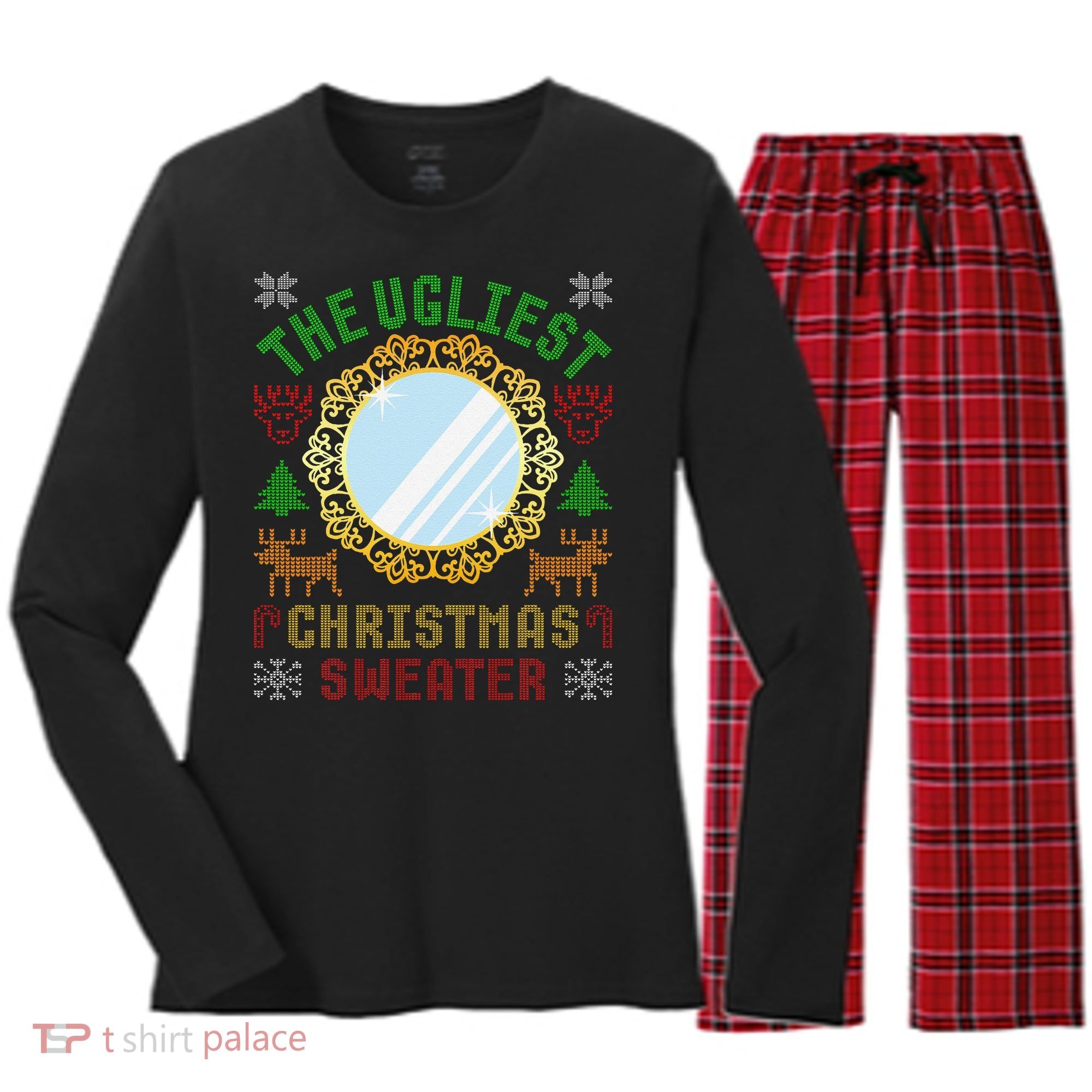 The Ugliest Christmas Sweater With An Image Of A Mirror Women's Long Sleeve Flannel Pajama Set 
