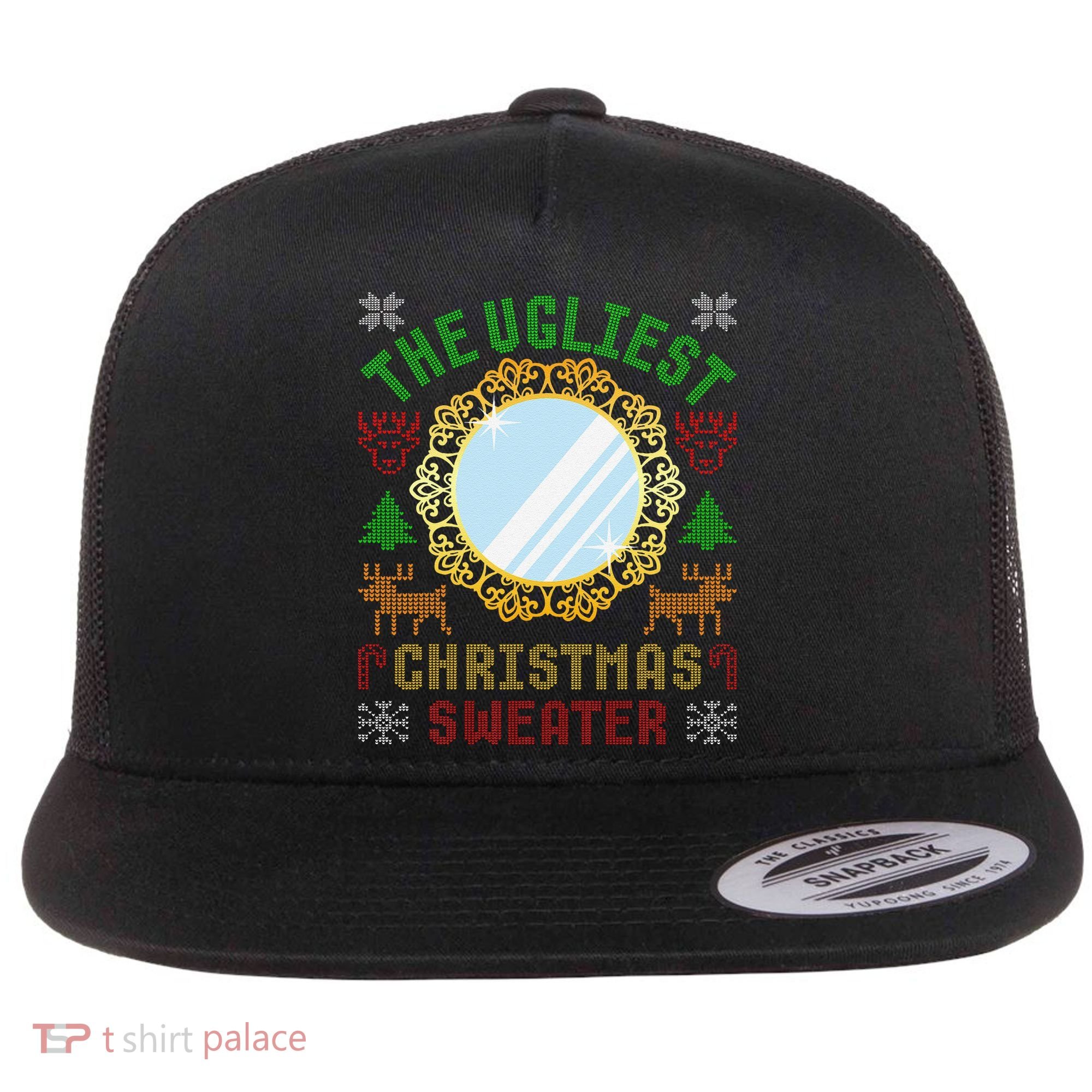The Ugliest Christmas Sweater With An Image Of A Mirror Flat Bill Trucker Hat