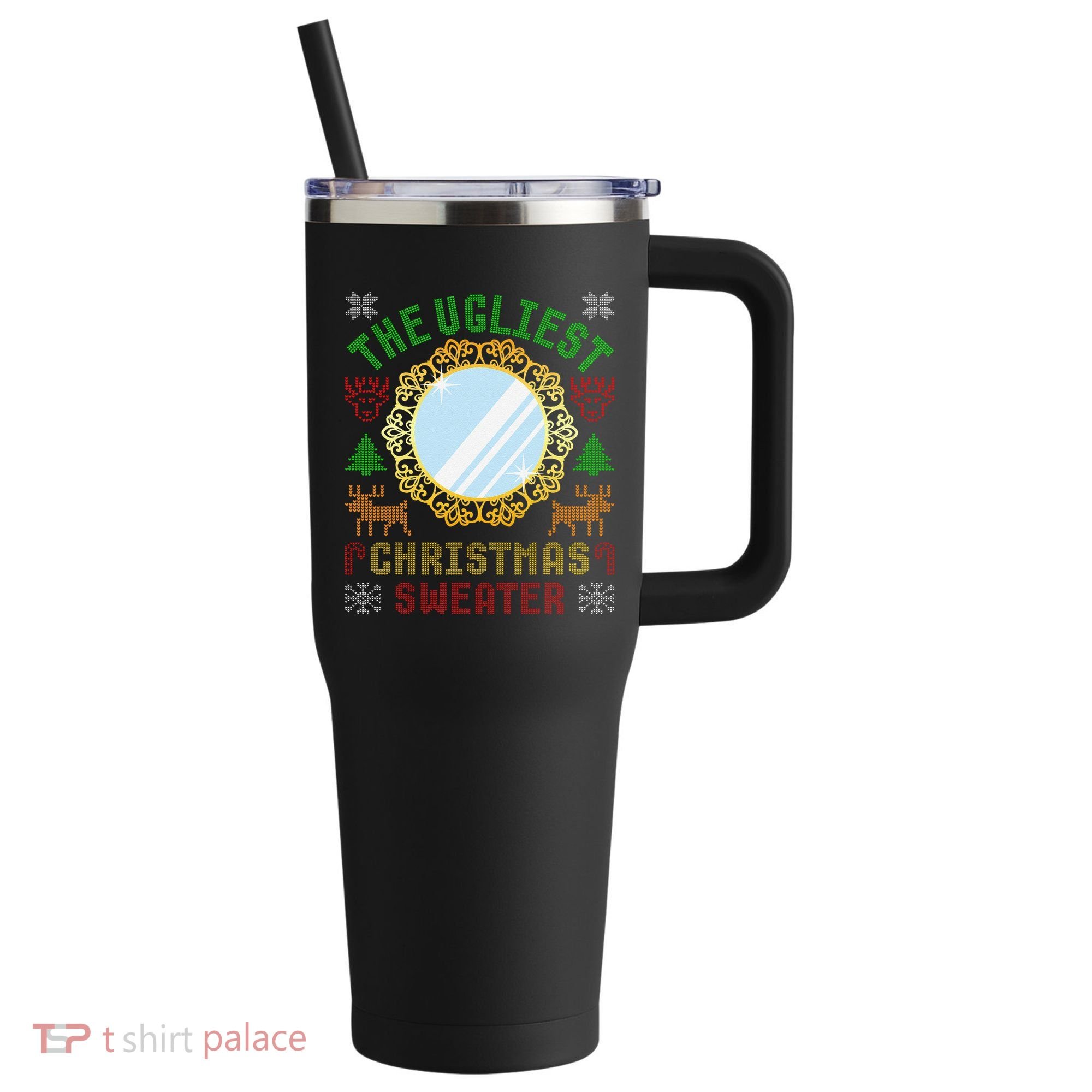 The Ugliest Christmas Sweater With An Image Of A Mirror 40oz Vacuum Insulated Stainless Steel Travel Tumbler